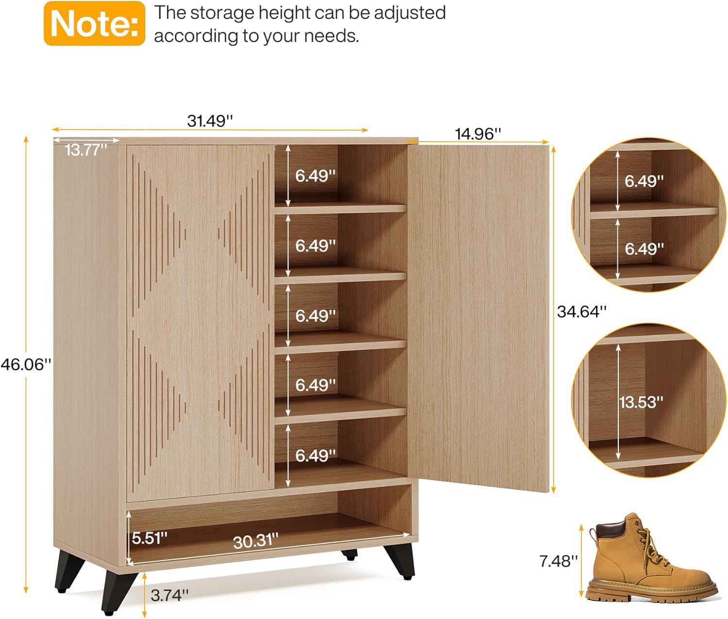 6-Tier Shoe Cabinet with Doors, Modern Shoe Organizer with Adjustable Shelves