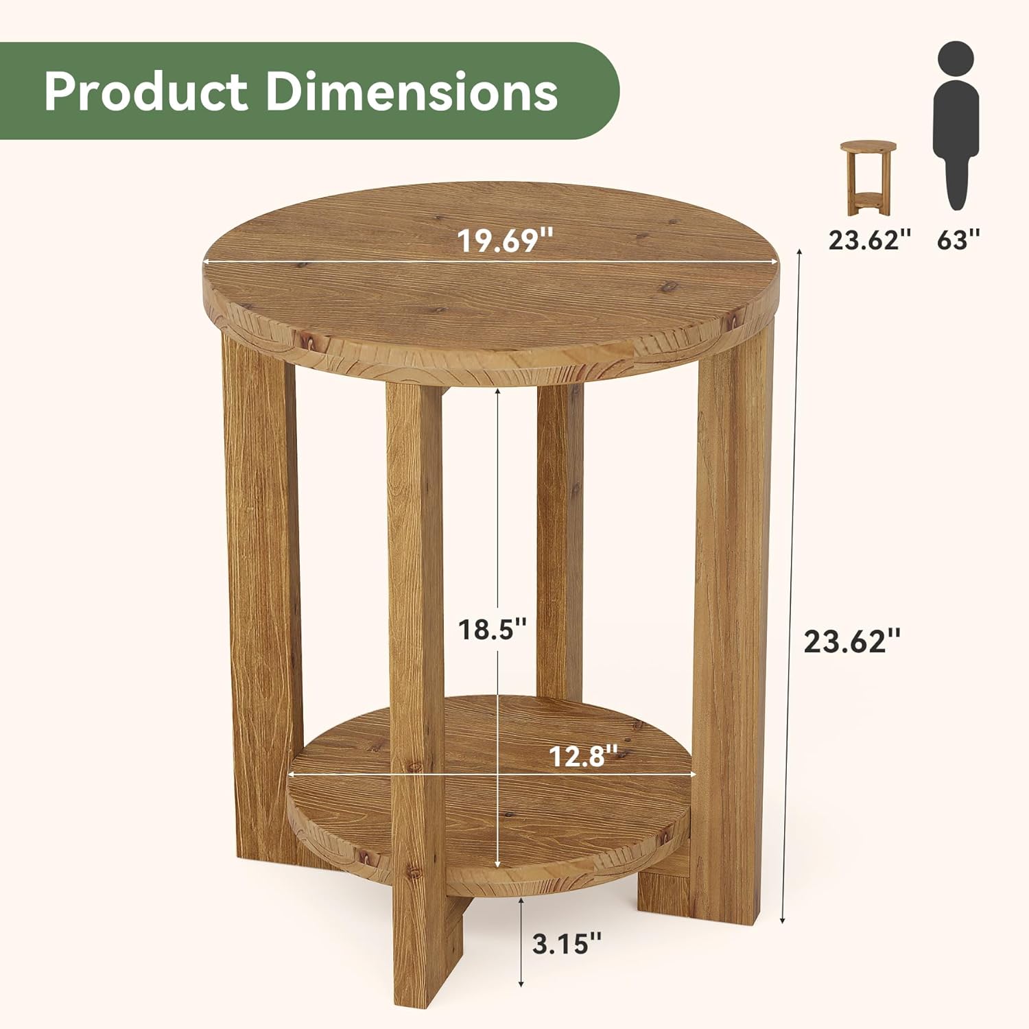 Solid Wood  Round End Table, 2-Tier Accent Side Table for Small Spaces