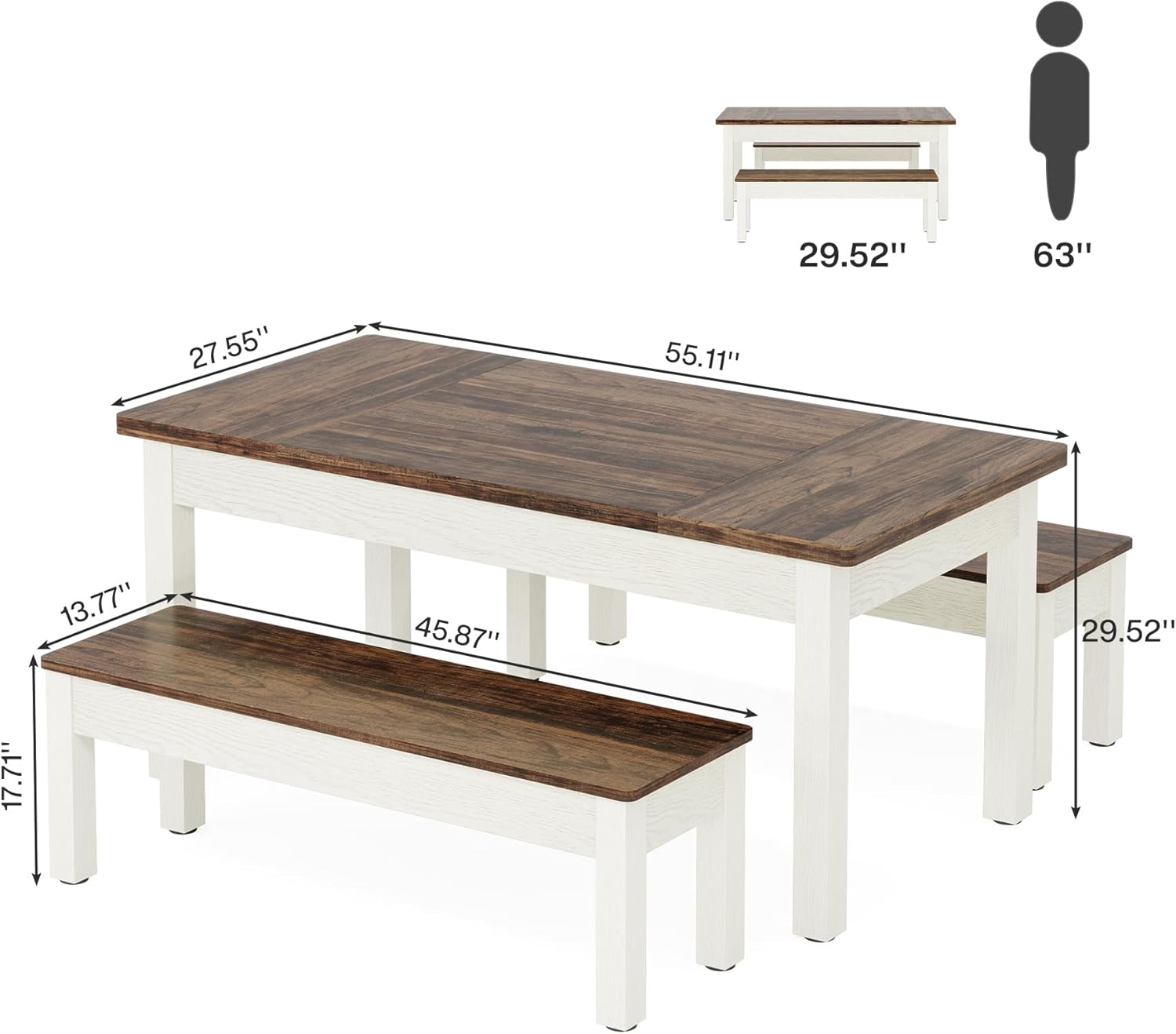 55" Dining Table Set, 3 Pieces Wood Kitchen Table with 2 Benches