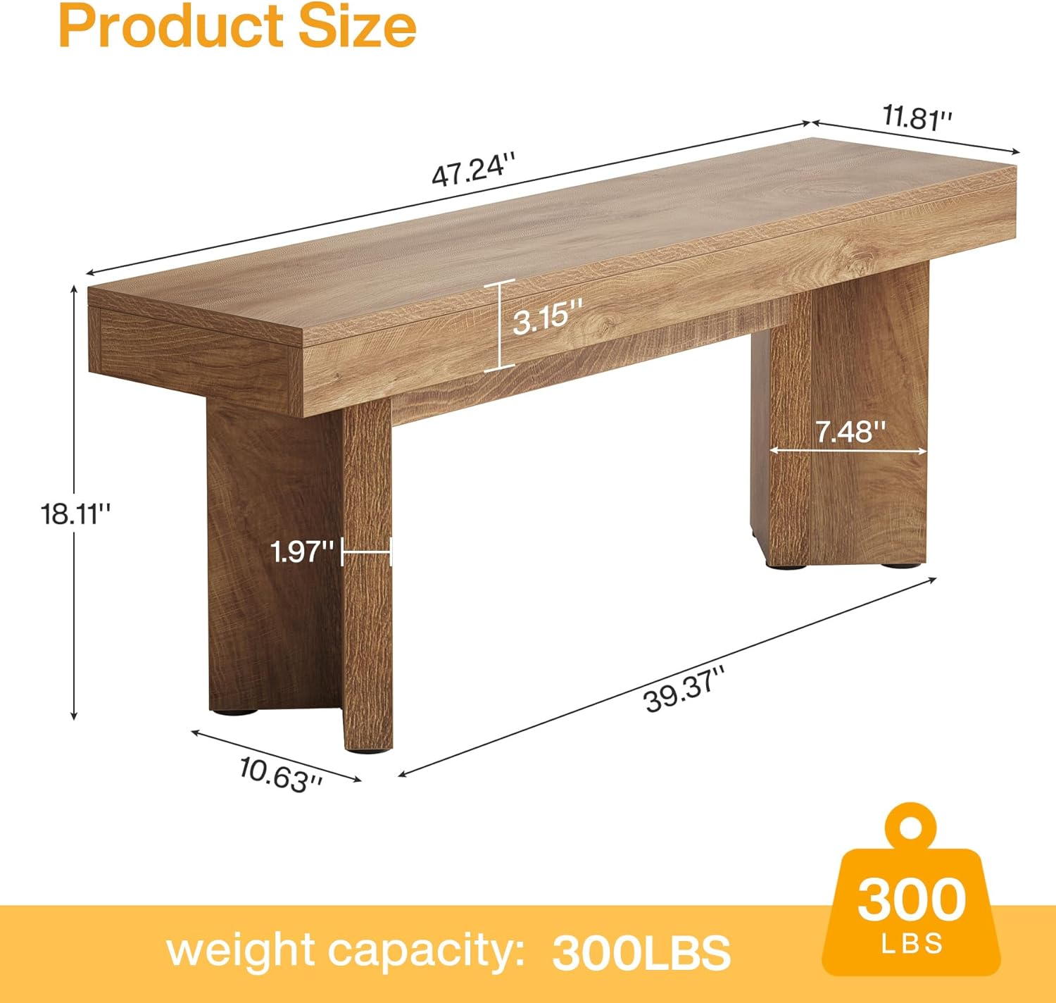 47" Kitchen Table Bench, Farmhouse Dining Bench with Sturdy Frame