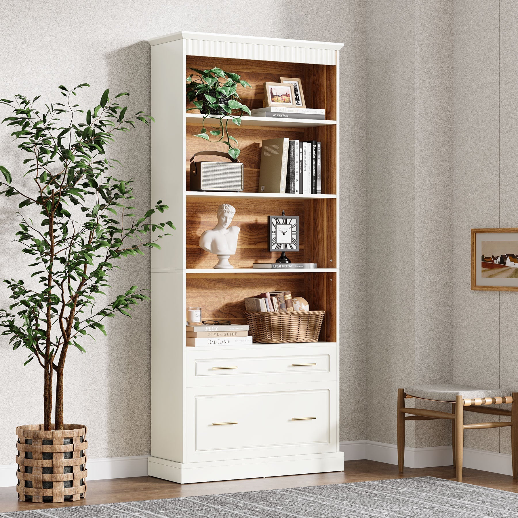 72" Bookshelf with Drawers, FreeStanding 5 - Shelf Bookcase Display Shelf Tribesigns