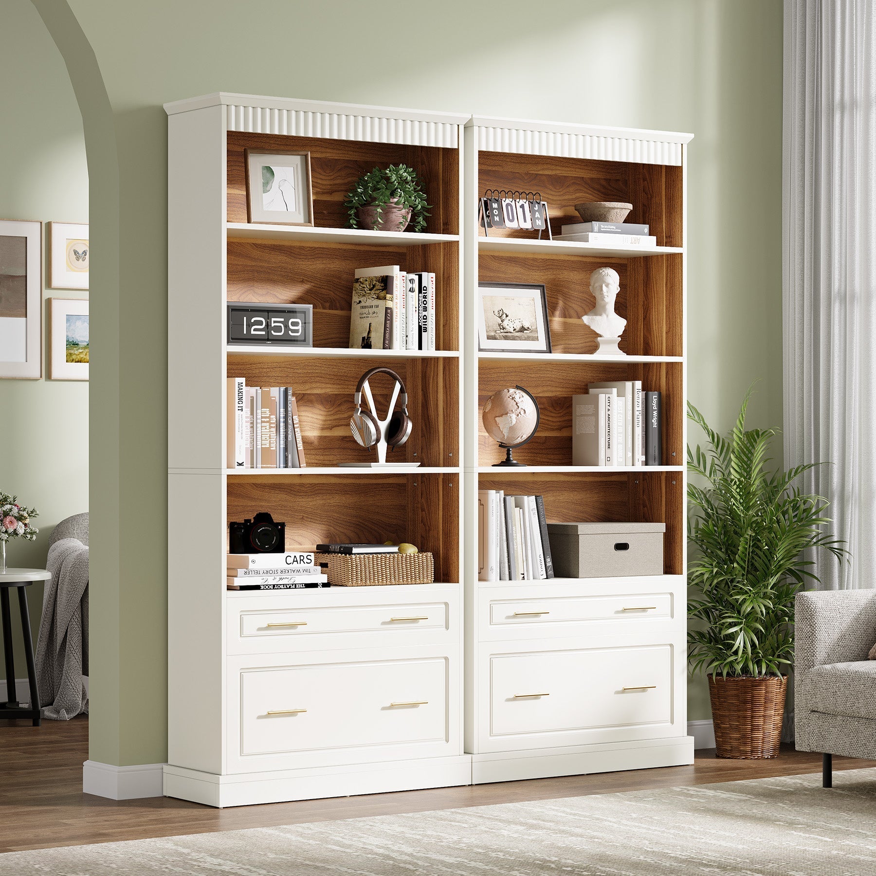72" Bookshelf with Drawers, FreeStanding 5 - Shelf Bookcase Display Shelf Tribesigns