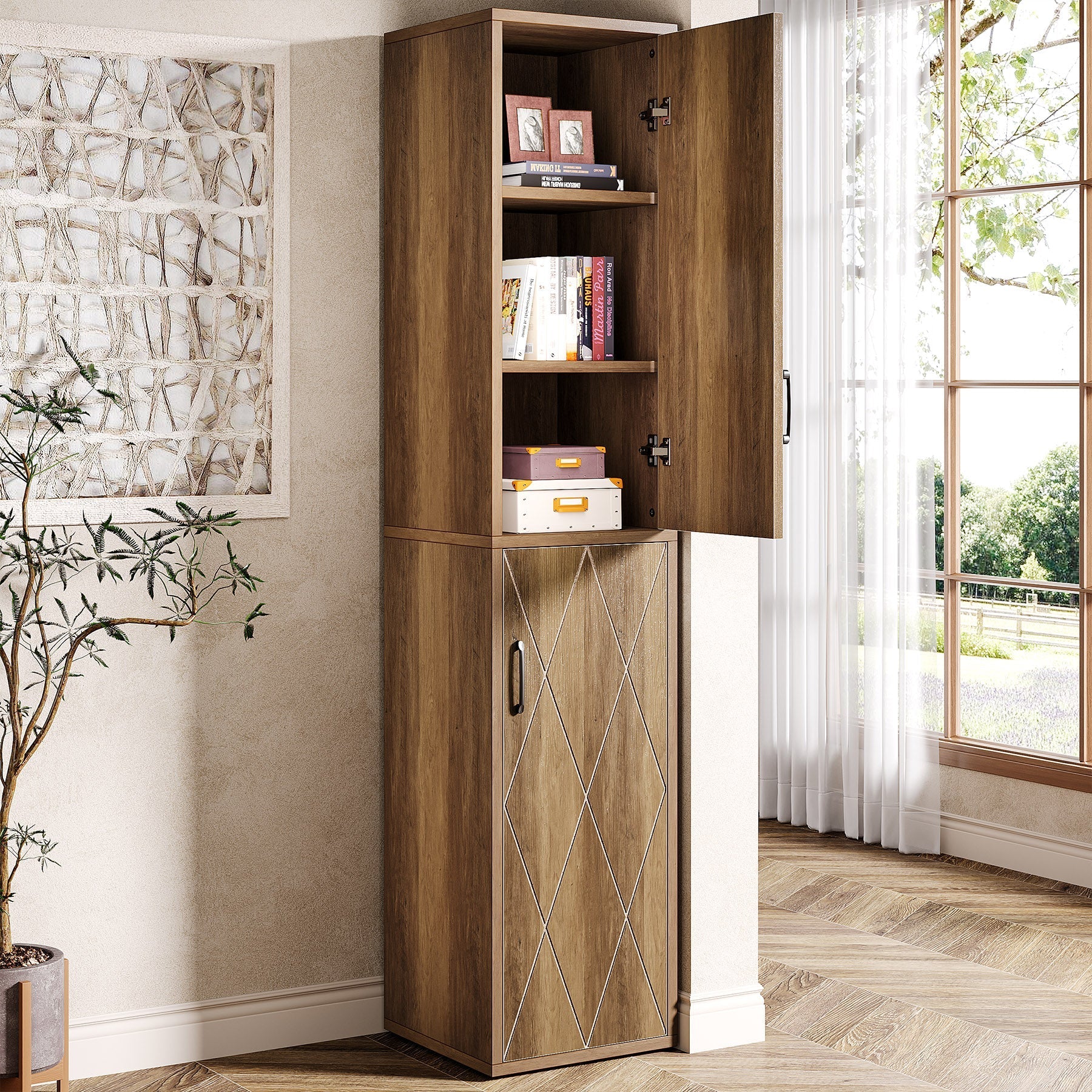 75" Wood Storage Cabinet, Free - Standing Cube Cabinet with 6 Shelves Tribesigns