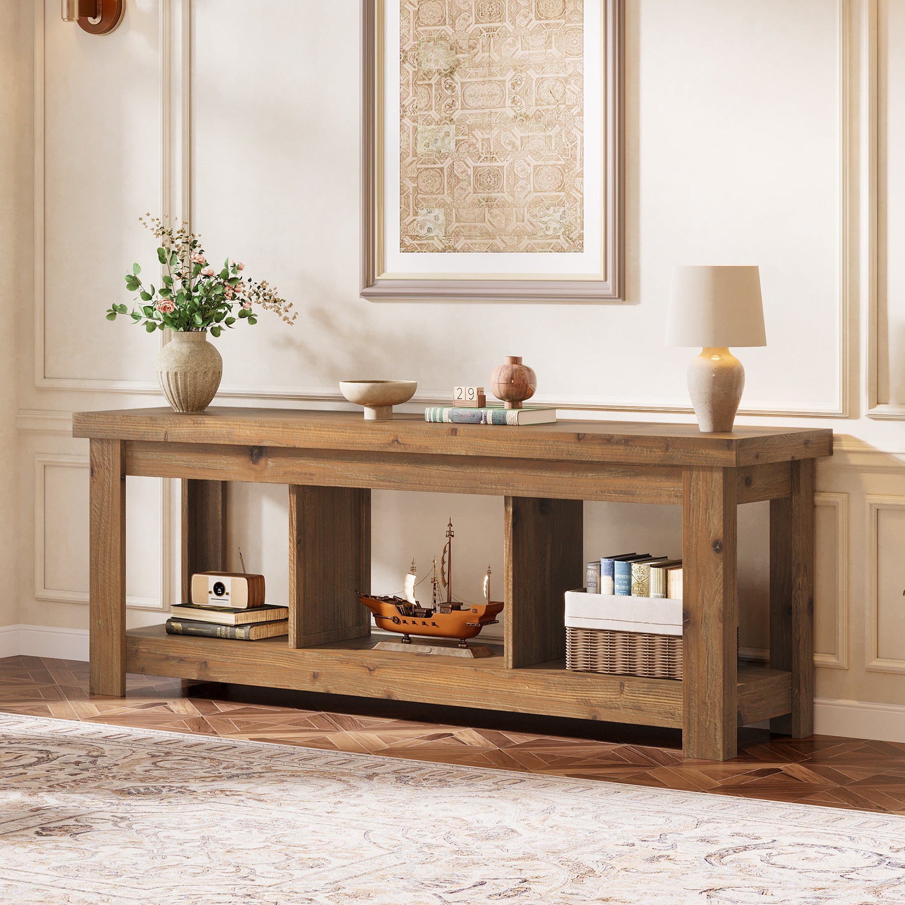 Solid Wood Console Table, 63" Sofa Entryway Table With 3 Open Shelves
