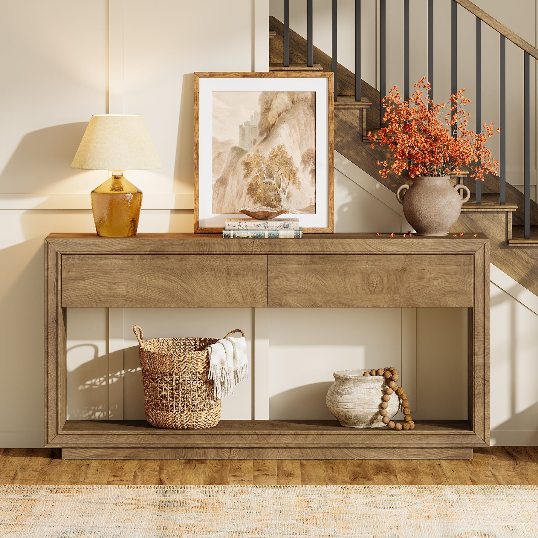 63" Console Table with 2 Drawers and Shelf, Farmhouse Entryway Sofa Table for Hallway