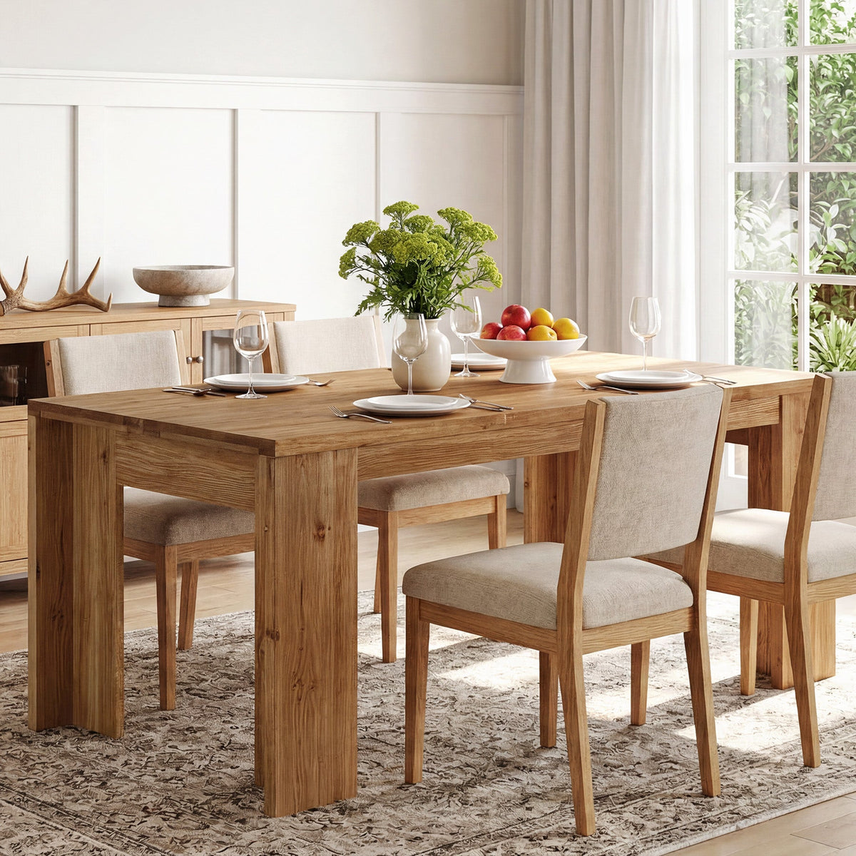 63" Solid Wood Dining Table, Farmhouse Kitchen Table with Heavy-Duty Legs for 4-6
