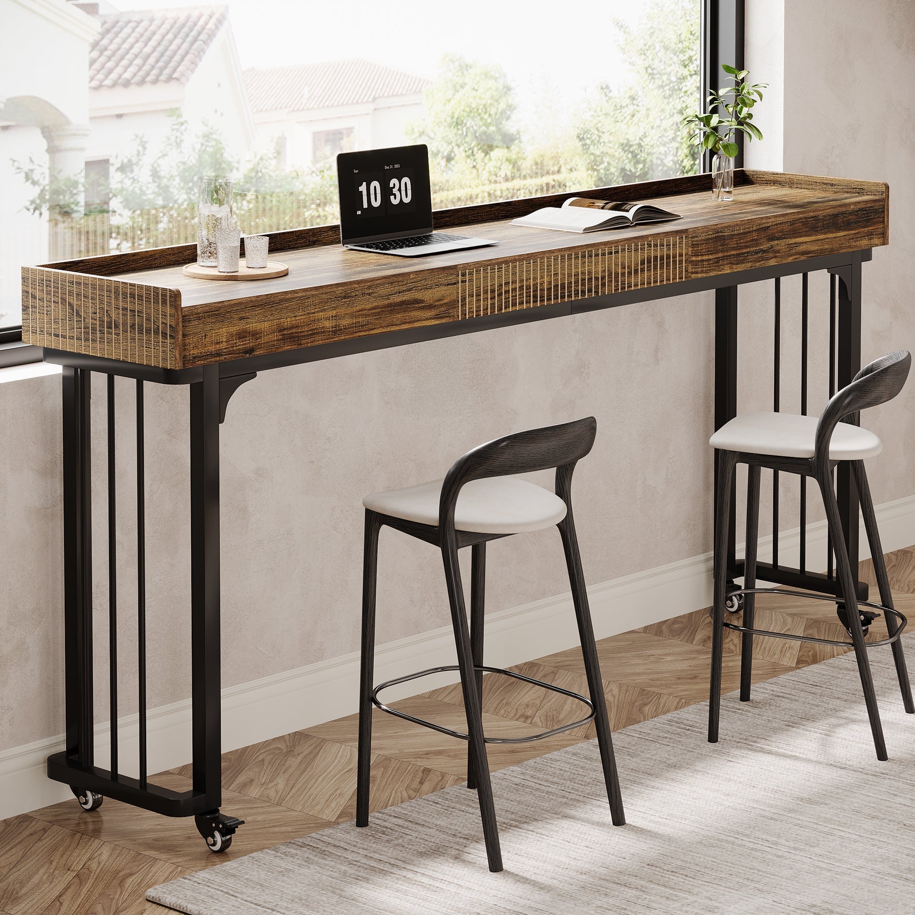 78" Overbed Table, Mobile Sofa Table Computer Desk with Mirror and Wheels Tribesigns