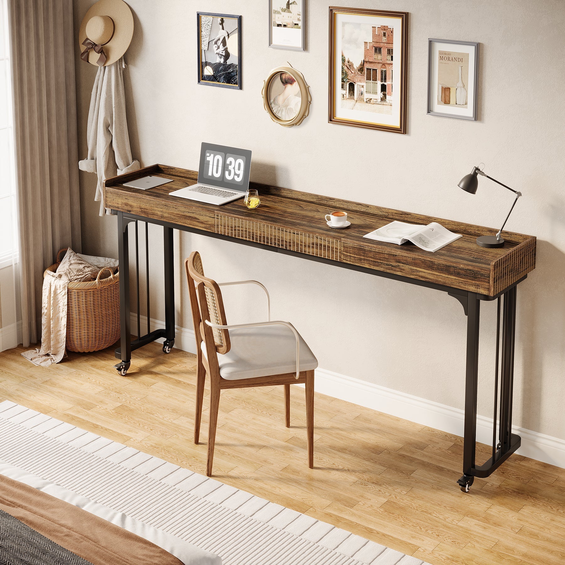 78" Overbed Table, Mobile Sofa Table Computer Desk with Mirror and Wheels Tribesigns