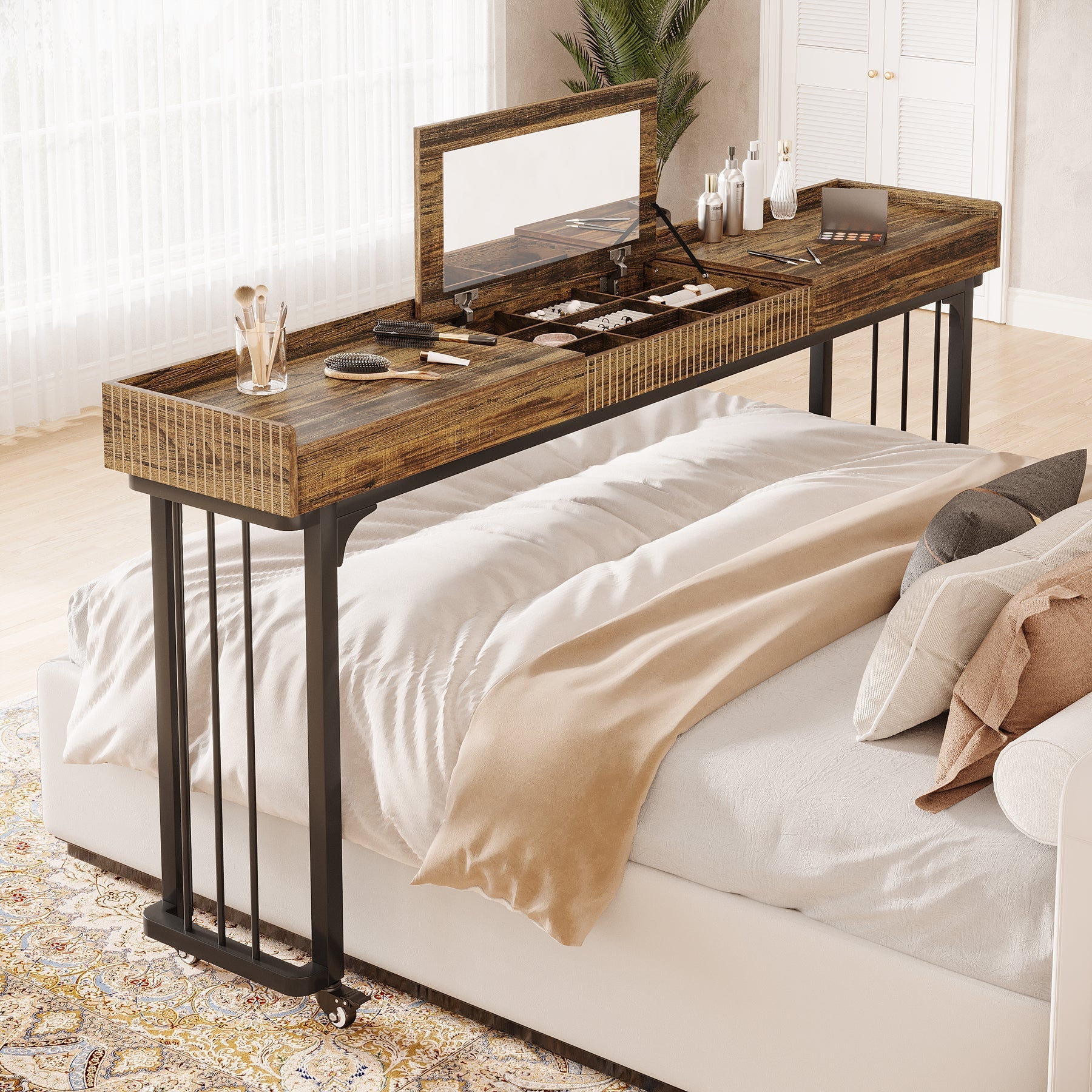 78" Overbed Table, Mobile Sofa Table Computer Desk with Mirror and Wheels Tribesigns