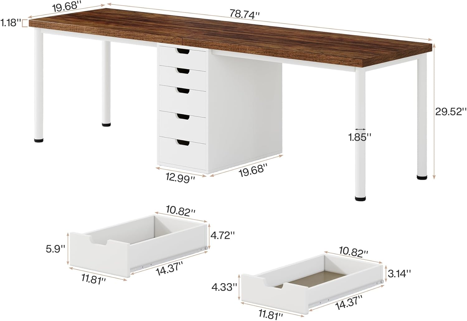 78.7" Two Person Desk, Long Computer Desk with 5 Drawers