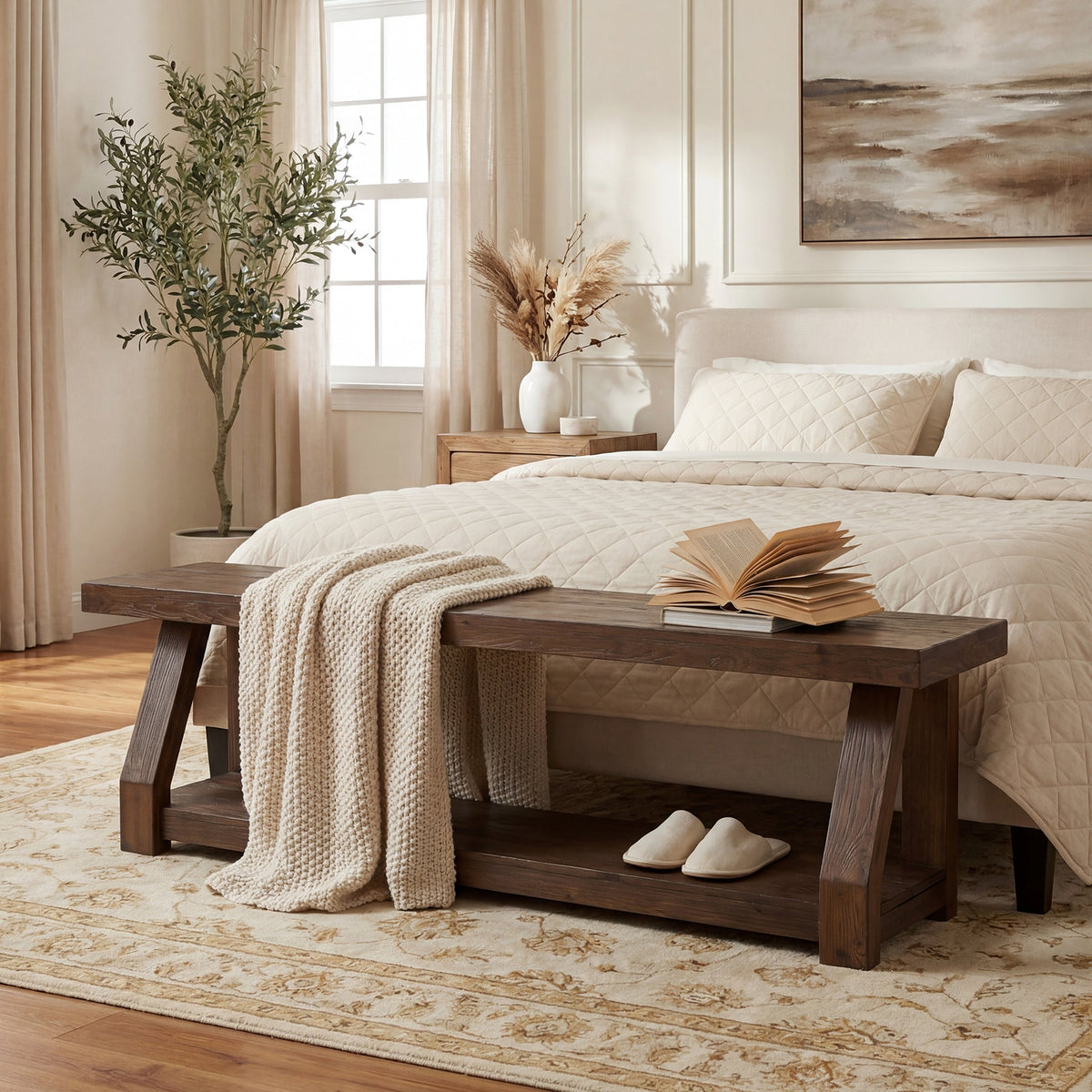 63" Solid Wood Entryway Bench with Storage, 2-Tier Shoe Bench for Hallway
