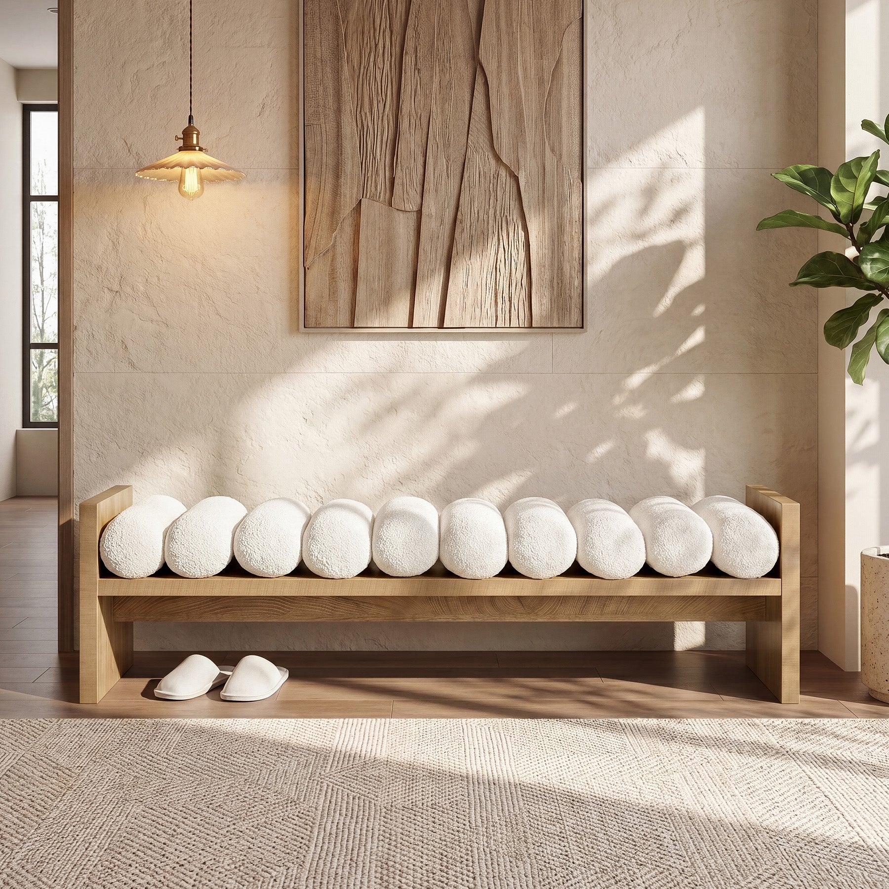 59'' Entryway Bench with Boucle Cushion, Upholstered Fabric End of Bed Bench for Hallway
