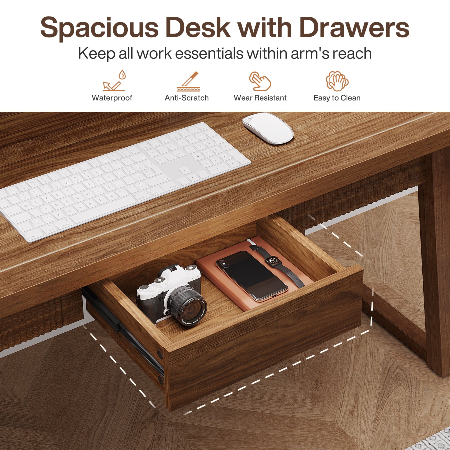 55" Computer Desk, Mid-Century Modern Study Writing Table with Drawer