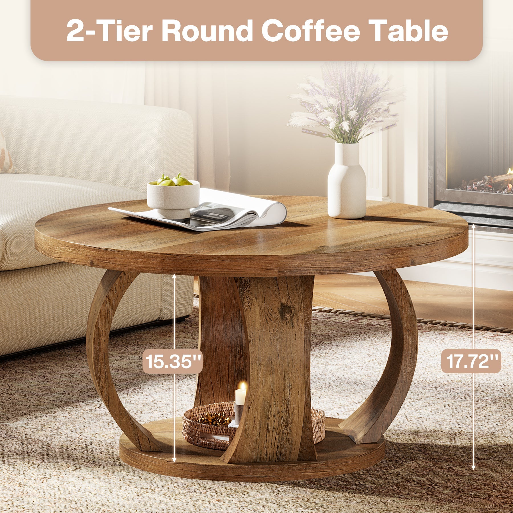 31.5" Round Coffee Table, 2-Tier Center Table with Storage for Living Room