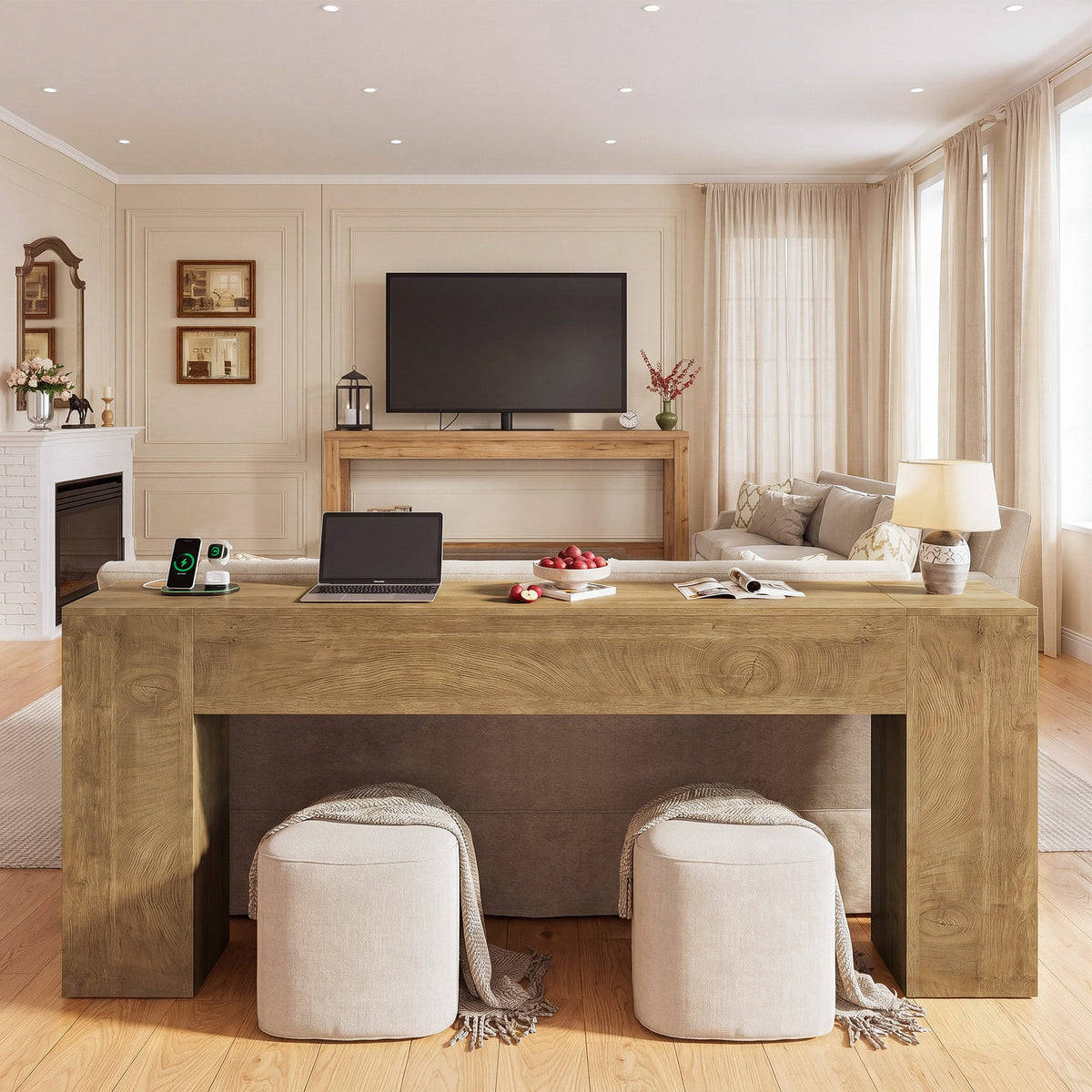 79" Console Table, Farmhouse Sofa Table with Double Pedestal Base for Entryway