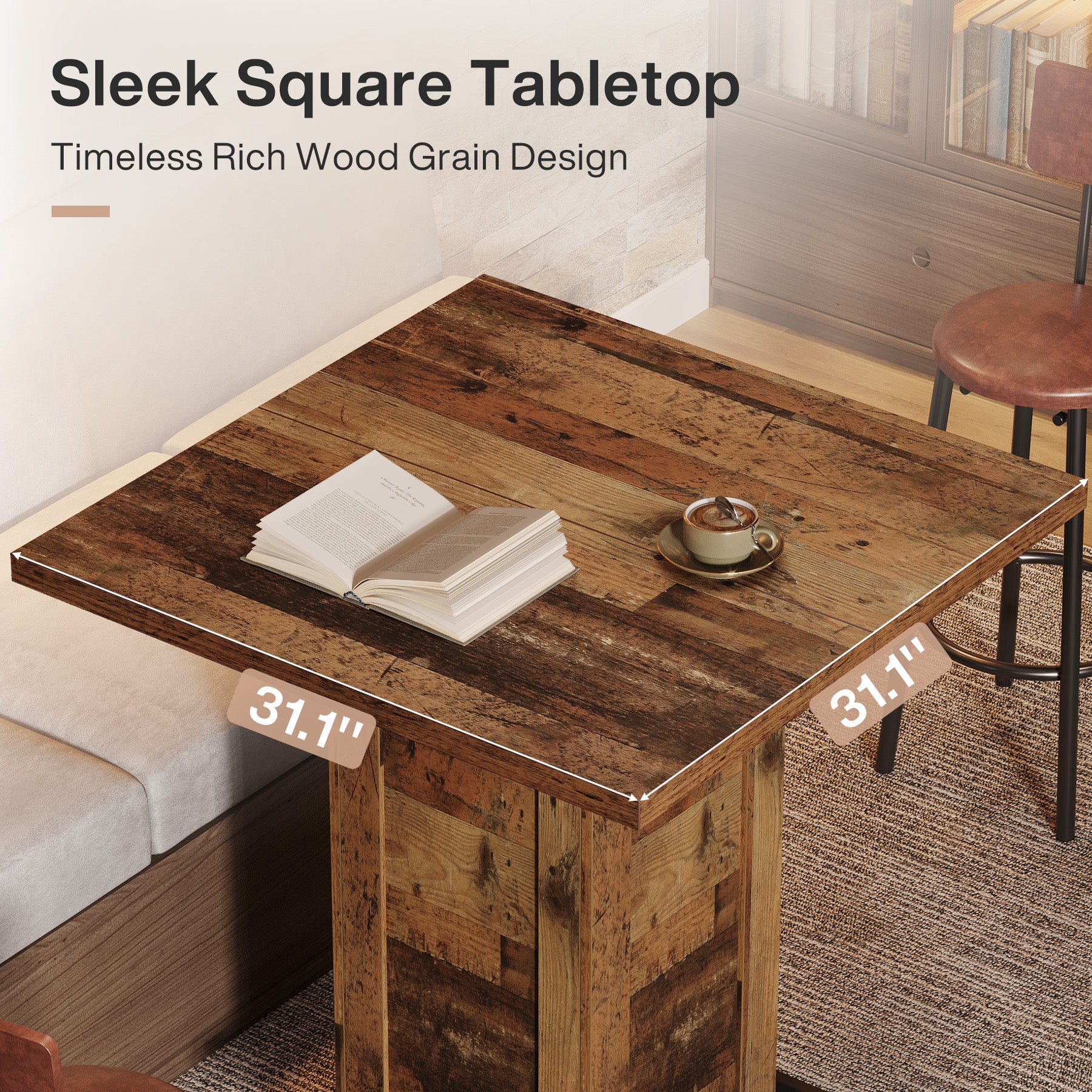 39.4" H Square Bar Table, Industrial High Top Bistro Pub Table with Metal Footrest