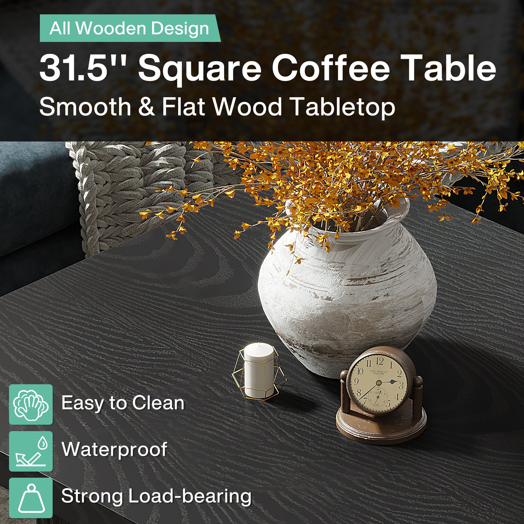 Square Coffee Table, 31.5-Inch Wood Center Table Cocktail Table