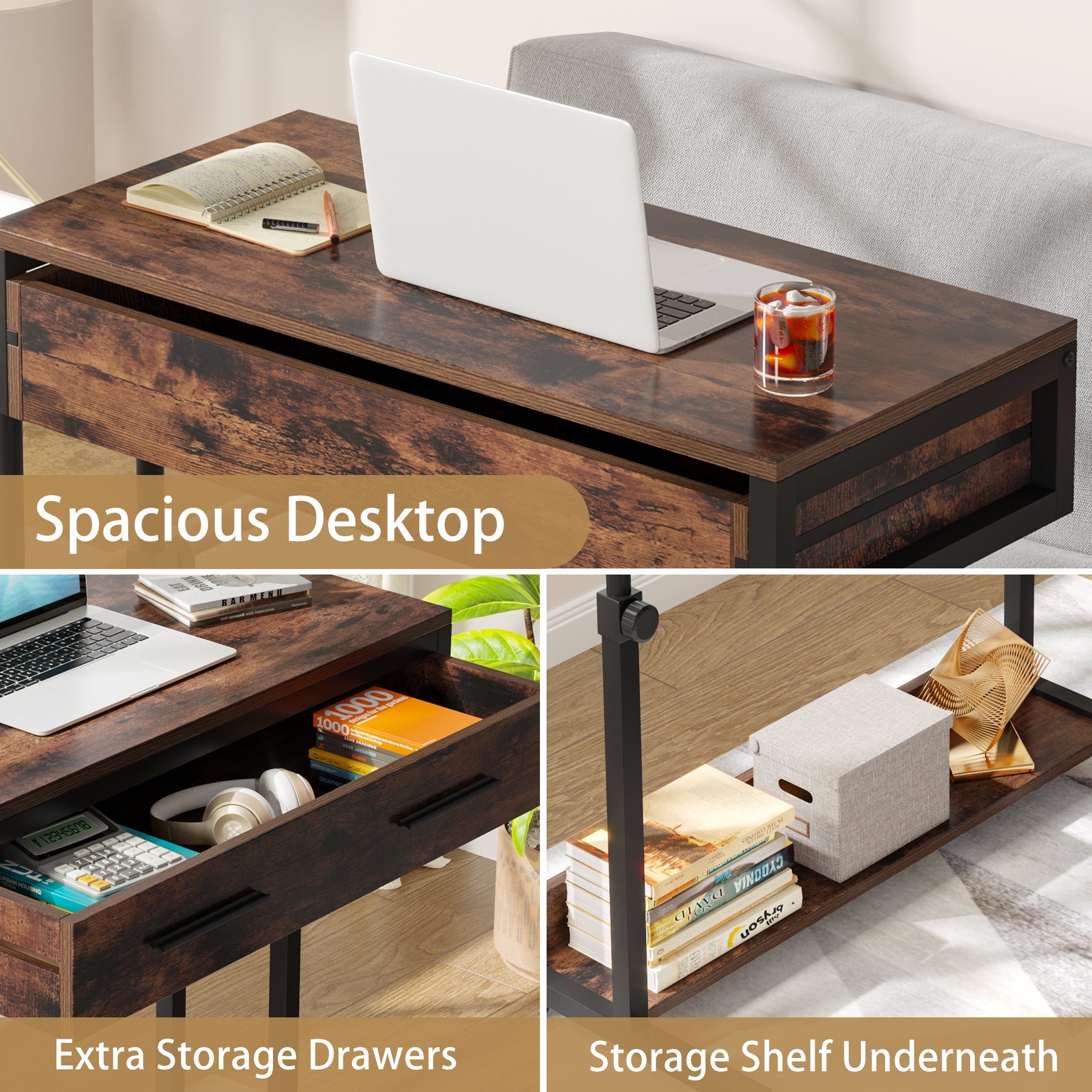 Height Adjustable Desk, Mobile Side Table Portable Desk with Drawers Tribesigns