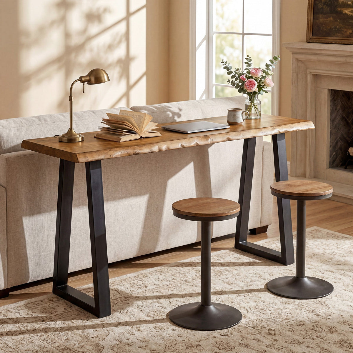 Solid Wood Bar Table, 63” Counter Height Table with Metal Legs for Kitchen