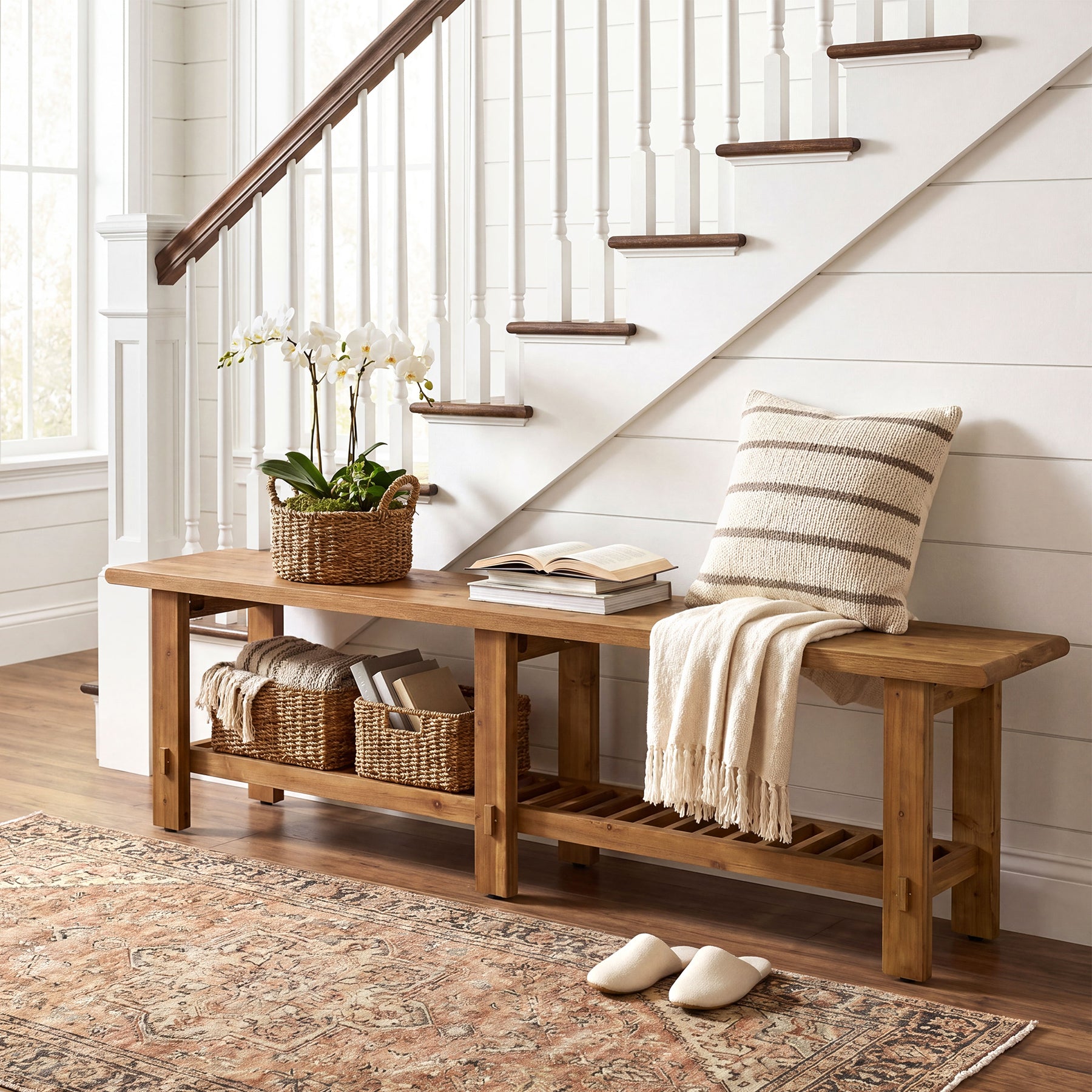 63" Solid Wood Entryway Bench, Narrow End of Bed Bench with Shoe Storage Rack