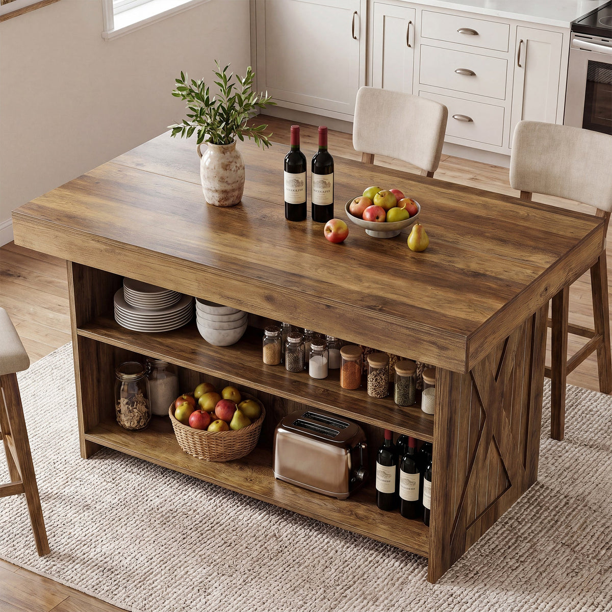 55.12" Bar Table, 3-Tier Home Bar Unit with Storage Shelves for Kitchen