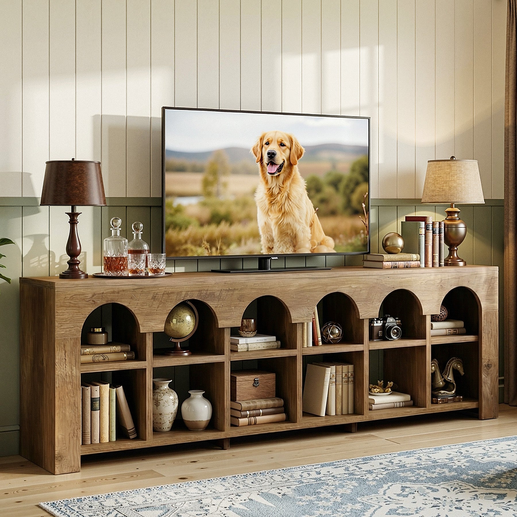 63” TV Stand for 50-75" TVs, Farmhouse Entertainment Center with 2-Tier Arched Cubbies