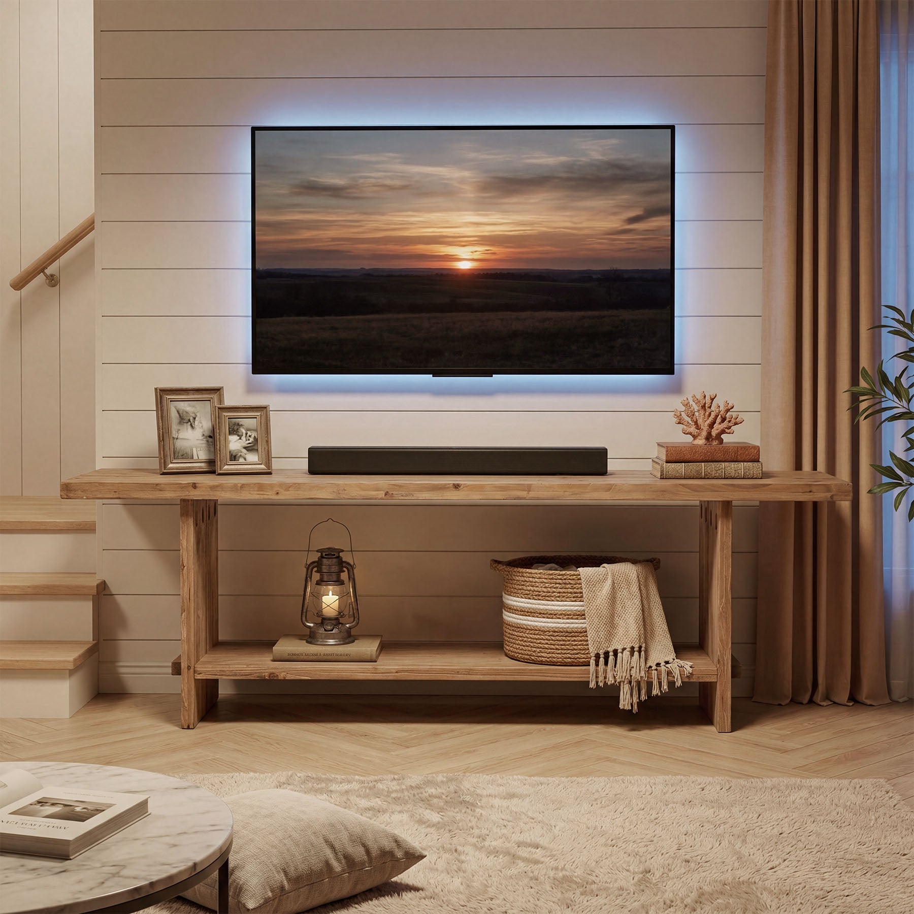 71" Solid Wood TV Stand for Up to 85" TV, Farmhouse Entertainment Center with Storage Shelf
