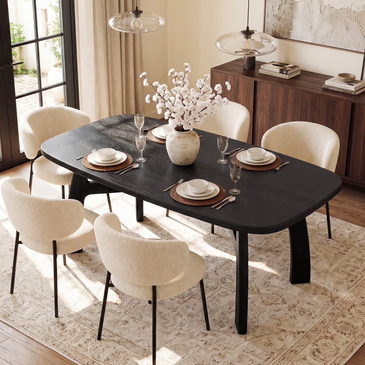 63" Dining Table for 6-8, Solid Wood Kitchen Table with H-Frame for Dining Room