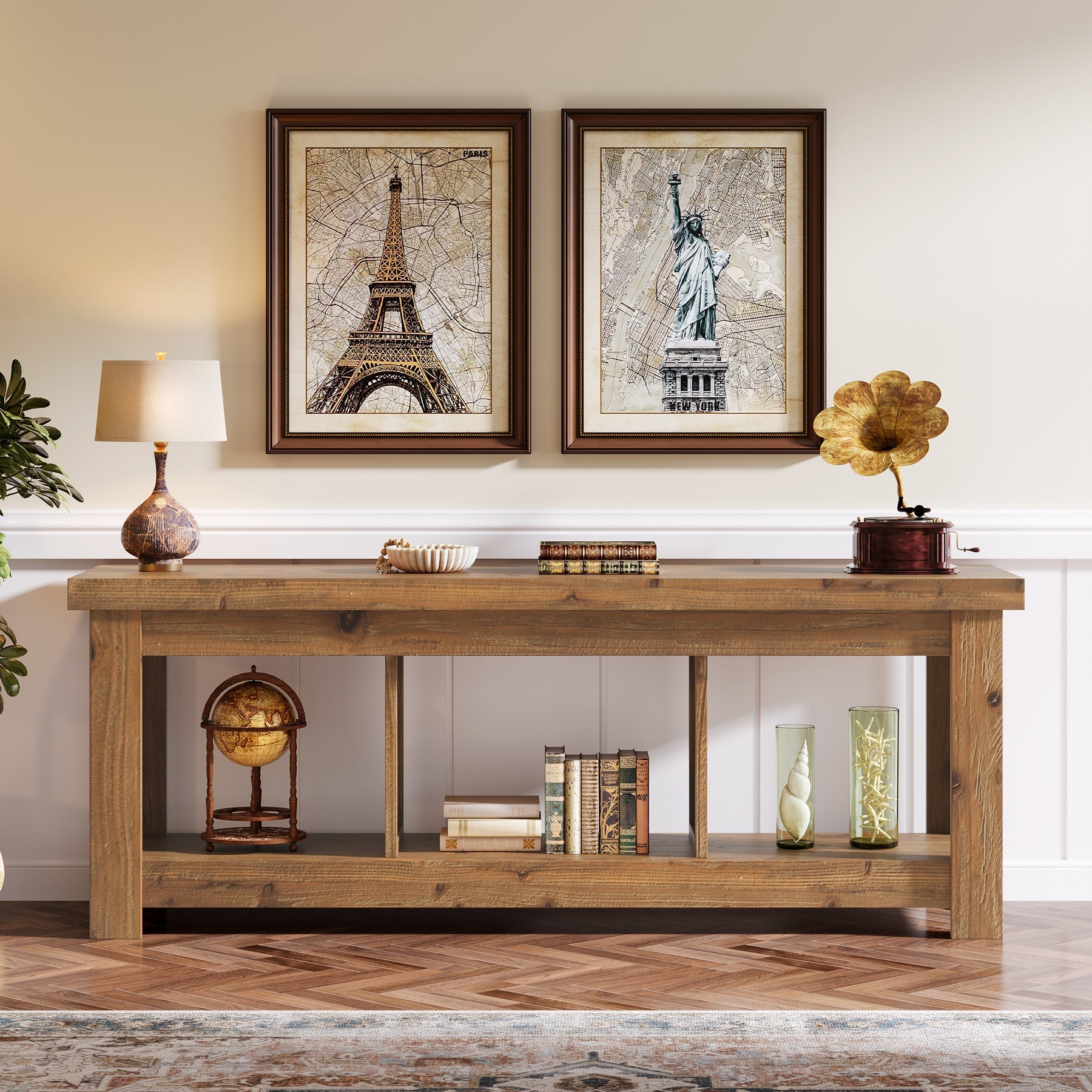 Solid Wood Console Table, 63" Sofa Entryway Table With 3 Open Shelves