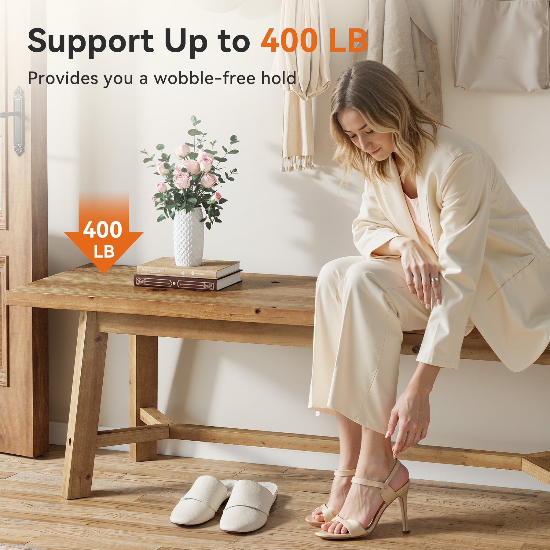 55" Solid Wood Bench, Farmhouse Long Bench Seat for Entryway