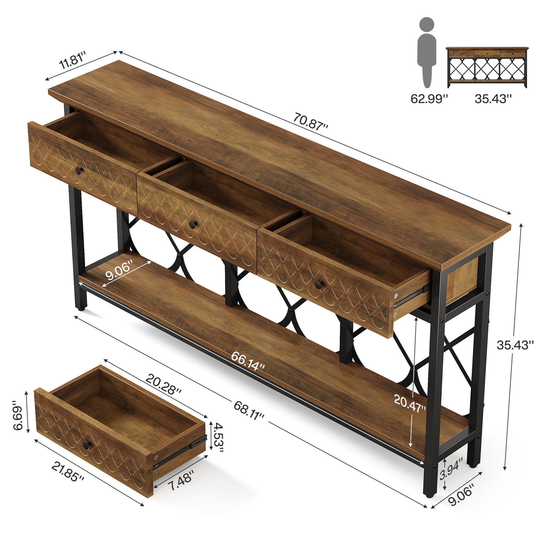 70.9" Console Table, 2-Tier Entryway Sofa Table with 3 Drawers for Hallway