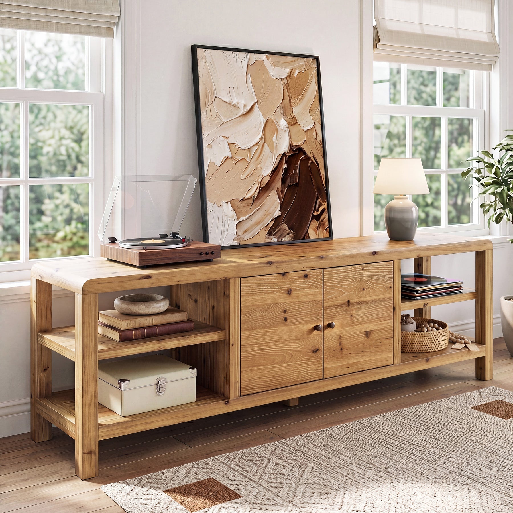 70.9" Solid Wood TV Stand with Door and Storage Shelves for TVs up to 80"