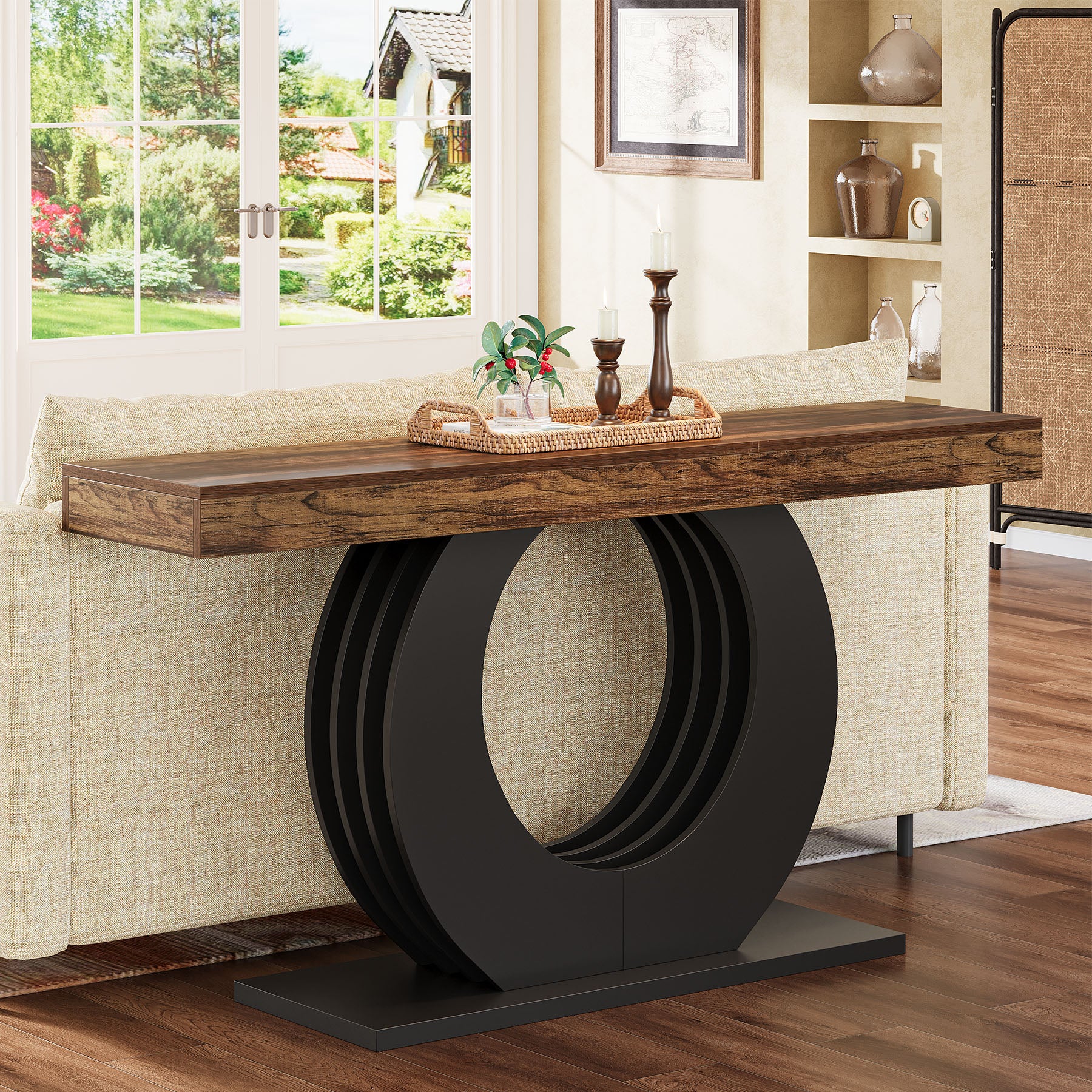 63" Console Table, Narrow Sofa Table with Circle Metal Base