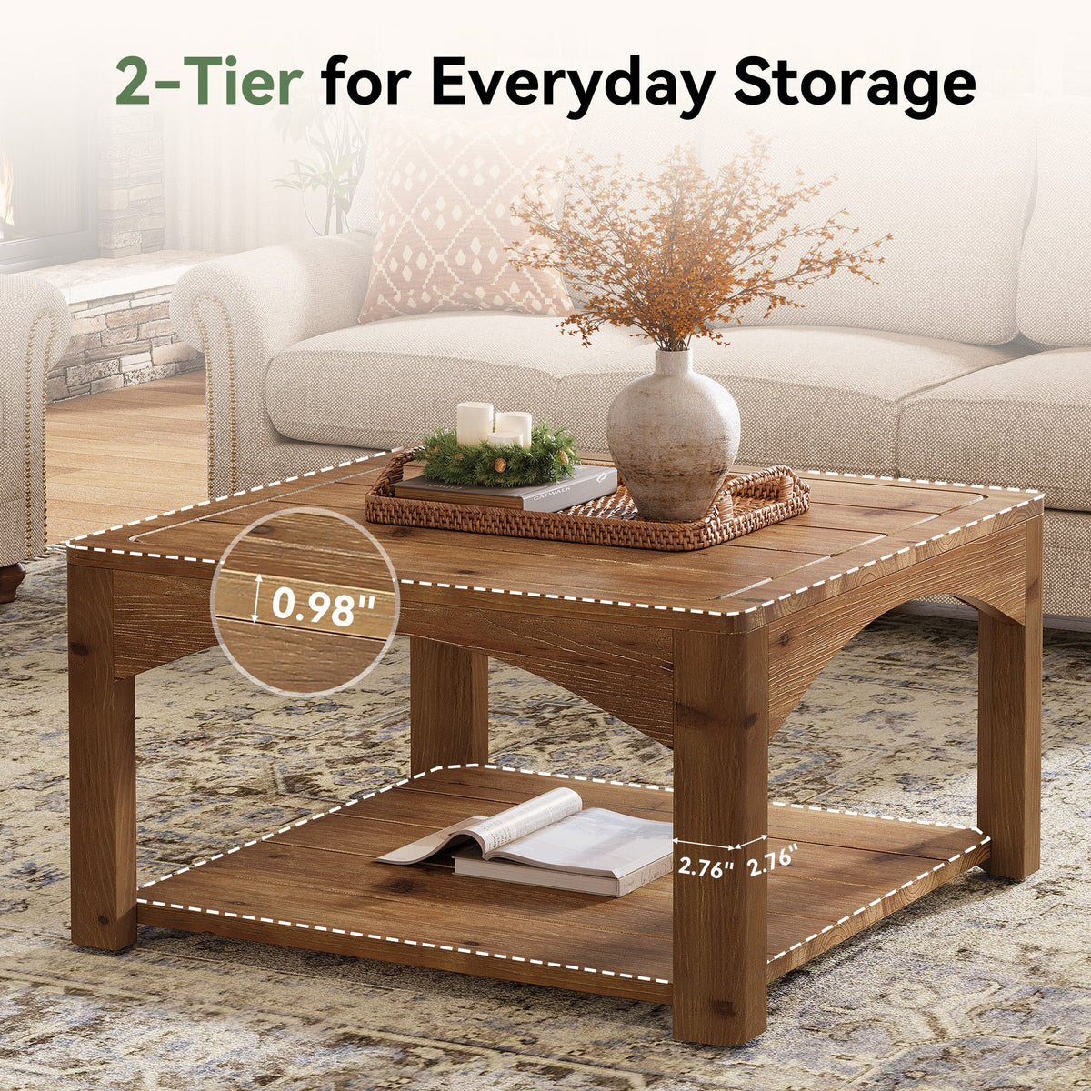 31.5" Square Coffee Table, Solid Wood 2-Tier Center Table for Living Room