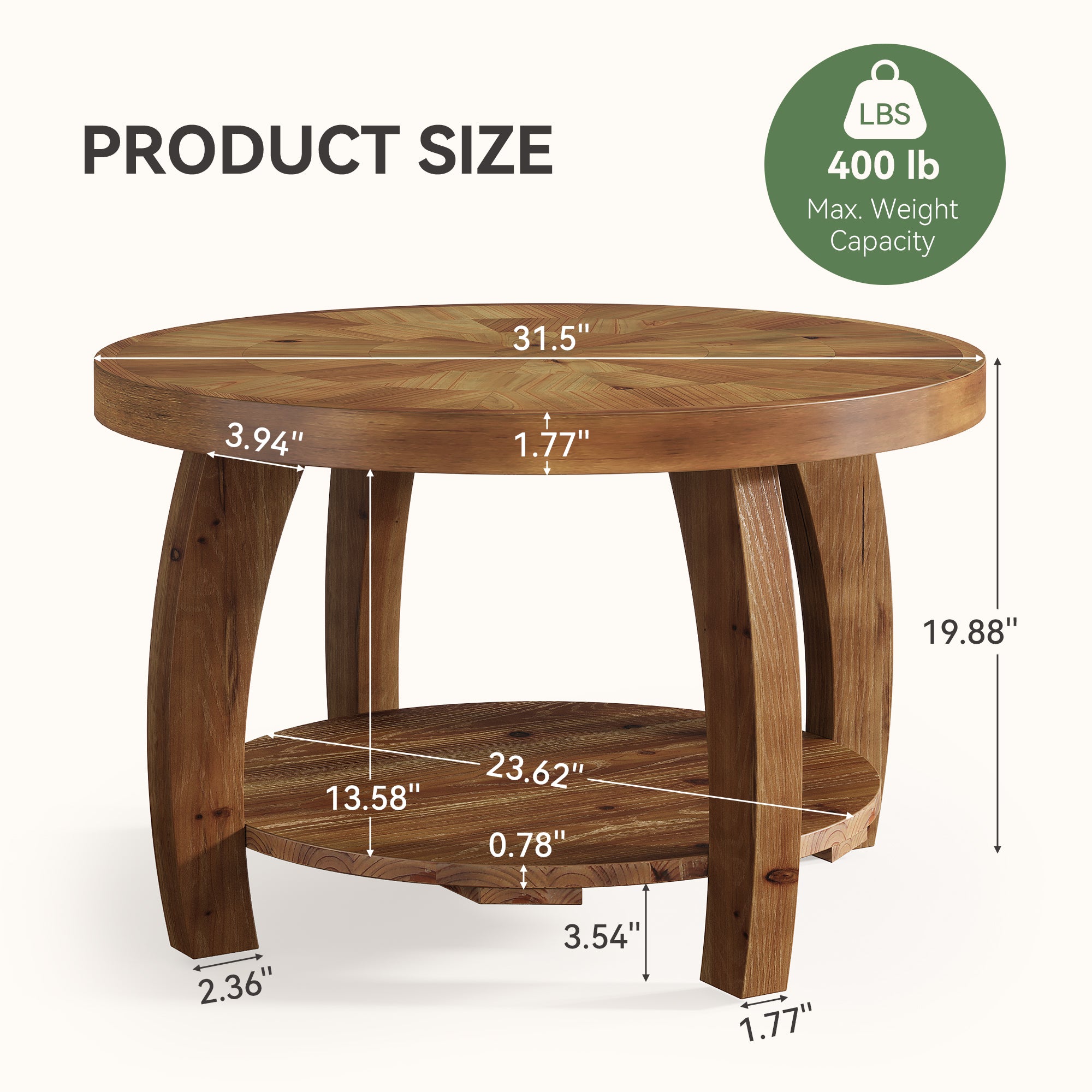 Solid Wood Round Coffee Table, 2-Tier Center Table with Storage for Living Room