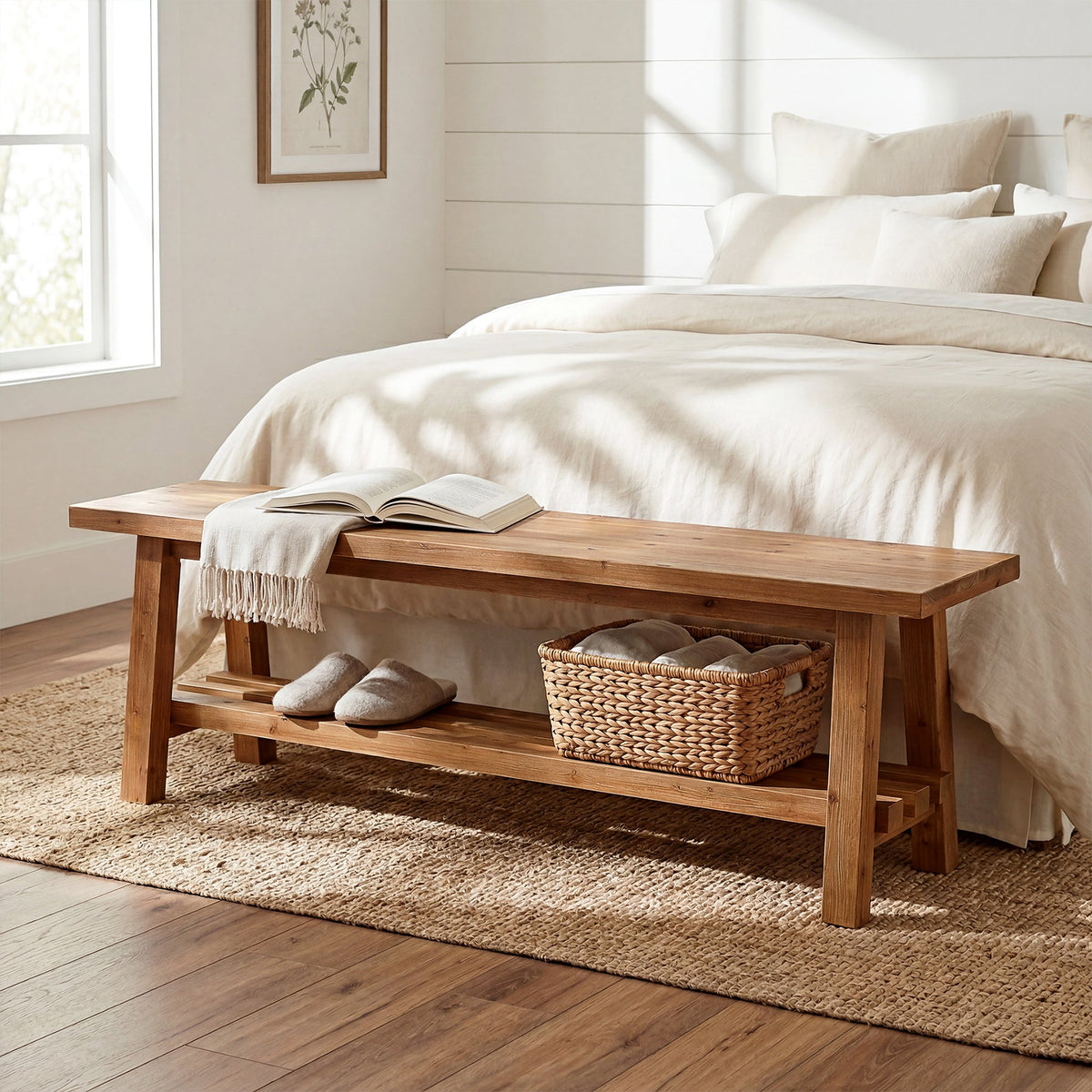 55" Solid Wood Entryway Bench, 2-Tier Shoe Bench with Shelf for Hallway