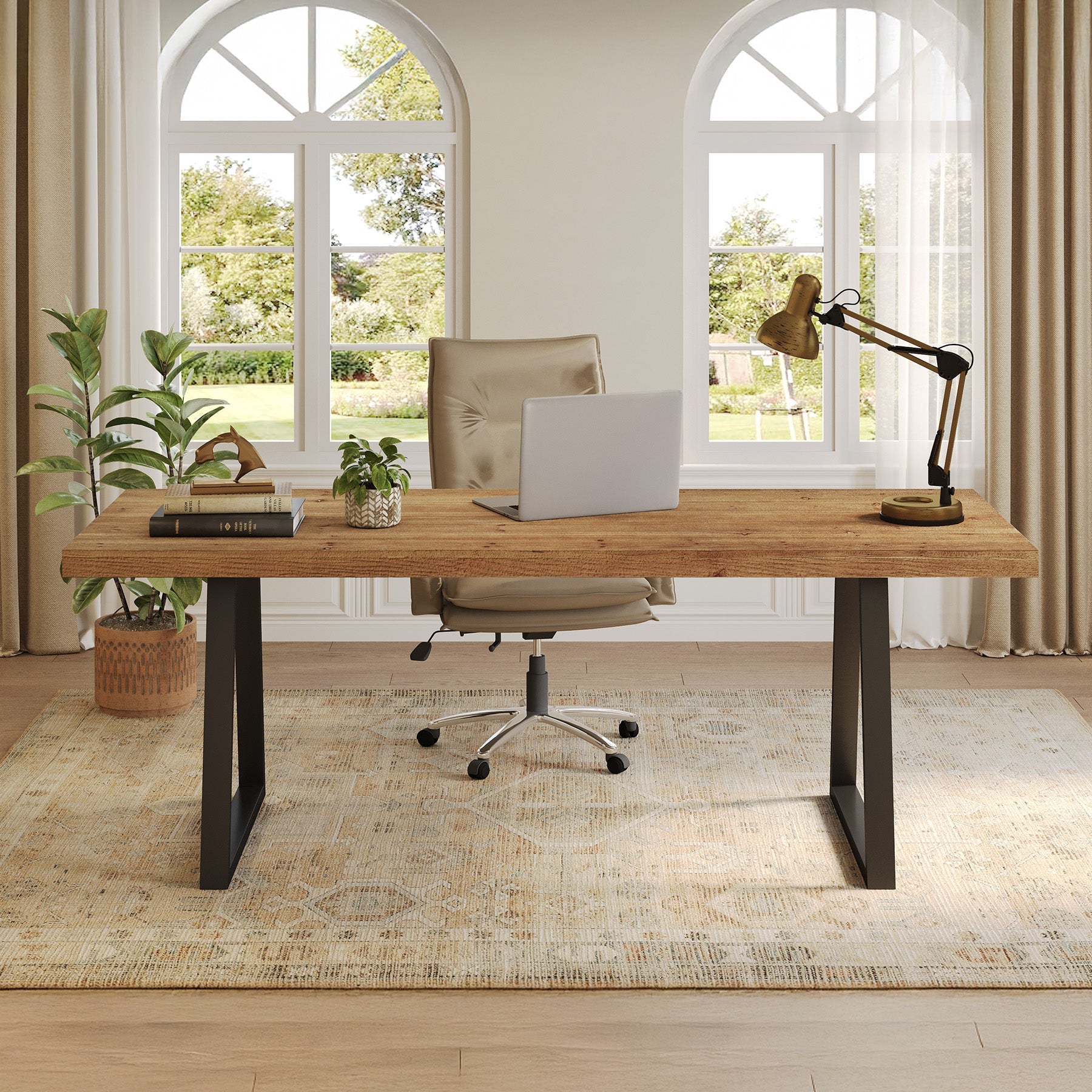 63" Solid Wood Executive Desk, Industrial Computer Laptop Desk Study Writing Table