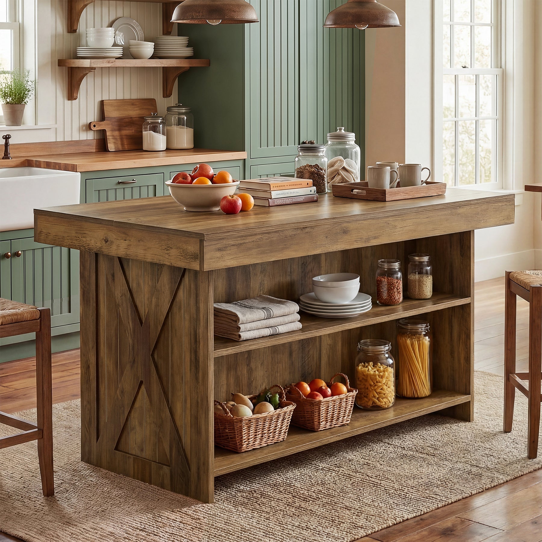 55" Kitchen Island with Storage Shelves, Farmhouse Island Table for Dining Room