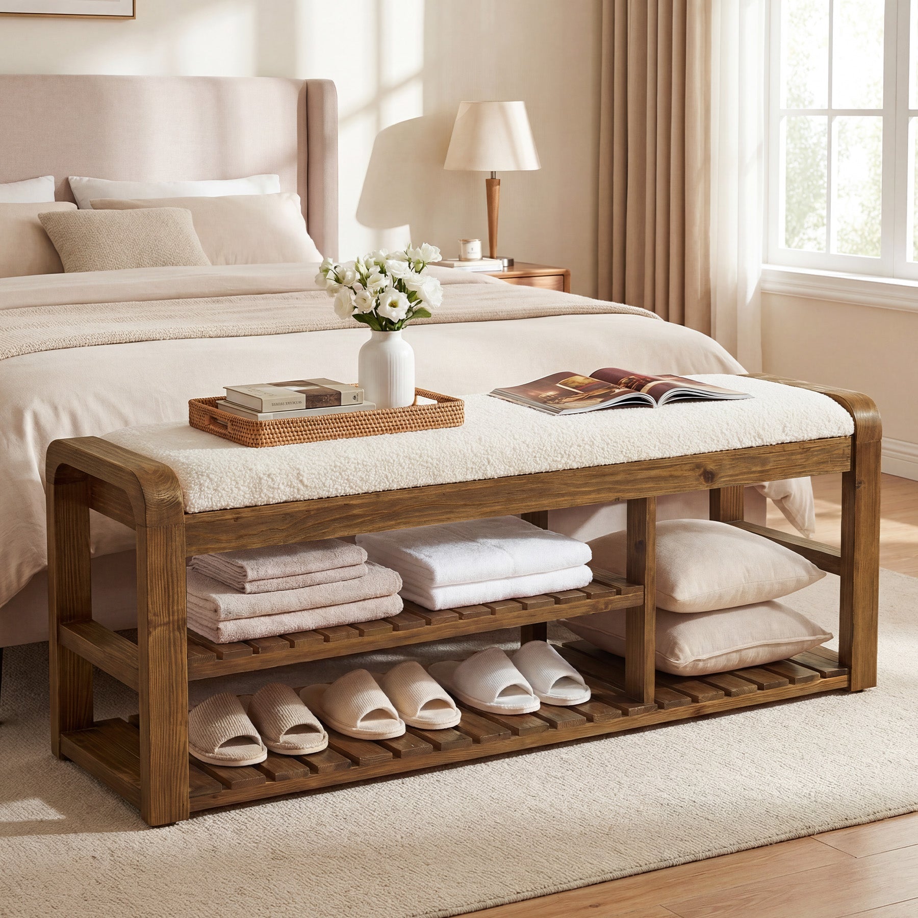 55" Solid Wood Shoe Storage Bench, Upholstered Entryway Bench with Removable Cushion