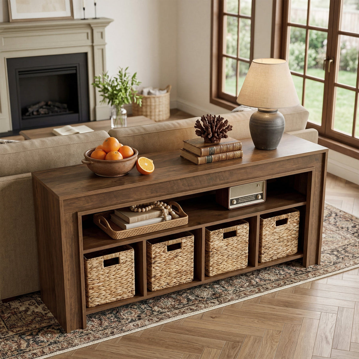 63" Farmhouse TV Stand for 55–70" TVs, Media Console with 4 Woven Baskets & Open Shelf