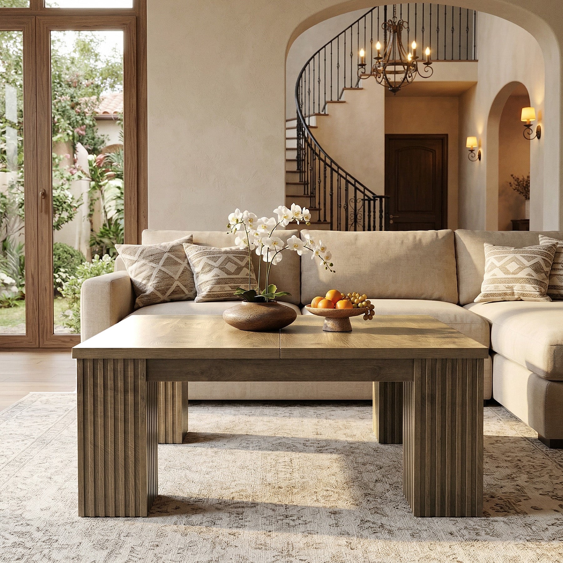 39.4" Square Coffee Table, Farmhouse Center Table with Fluted Legs for Living Room