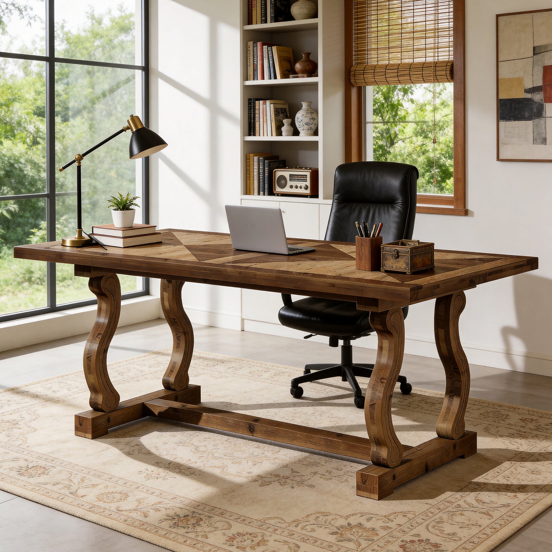 63" Solid Wood Executive Desk, Farmhouse Computer Desk with Parquetry Top & Scroll Legs for Home Office