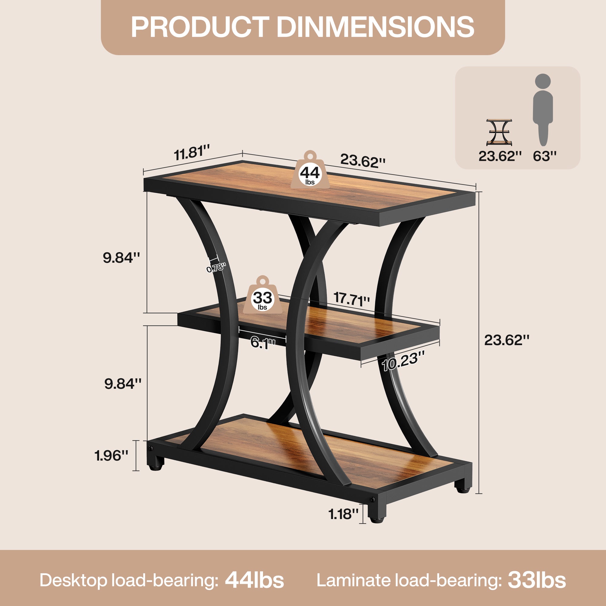 3-Tier End Table, Industrial Side Table with Geometric Metal Design