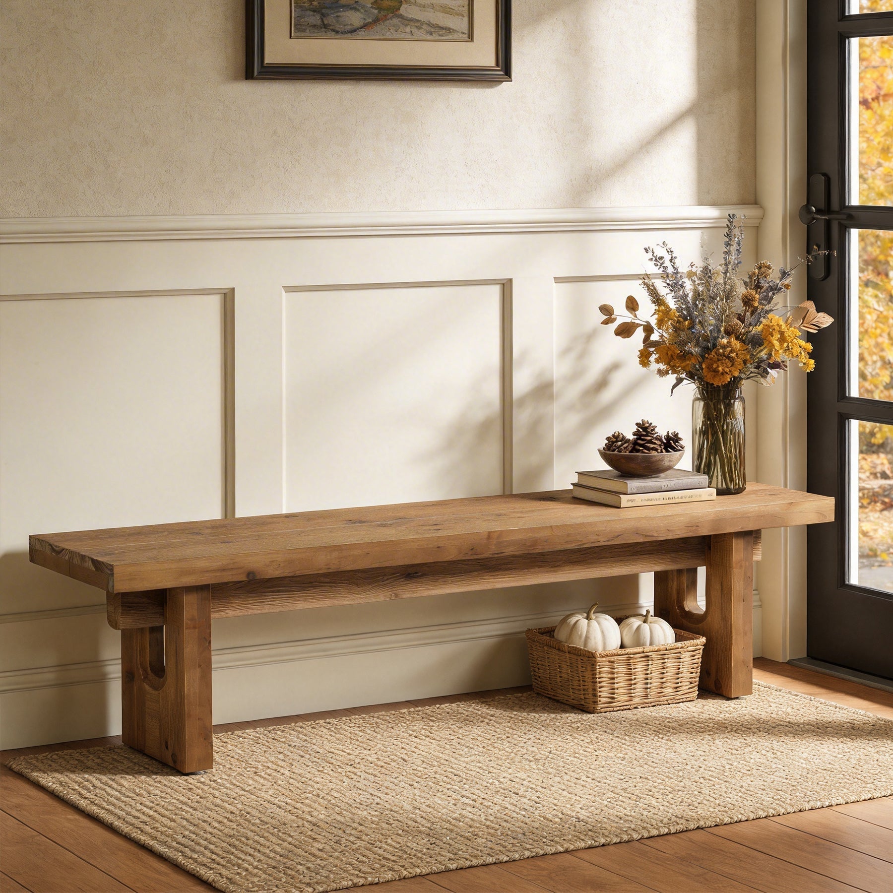 63“ Long Entryway Bench, Solid Wood End of Bed Indoor Seating