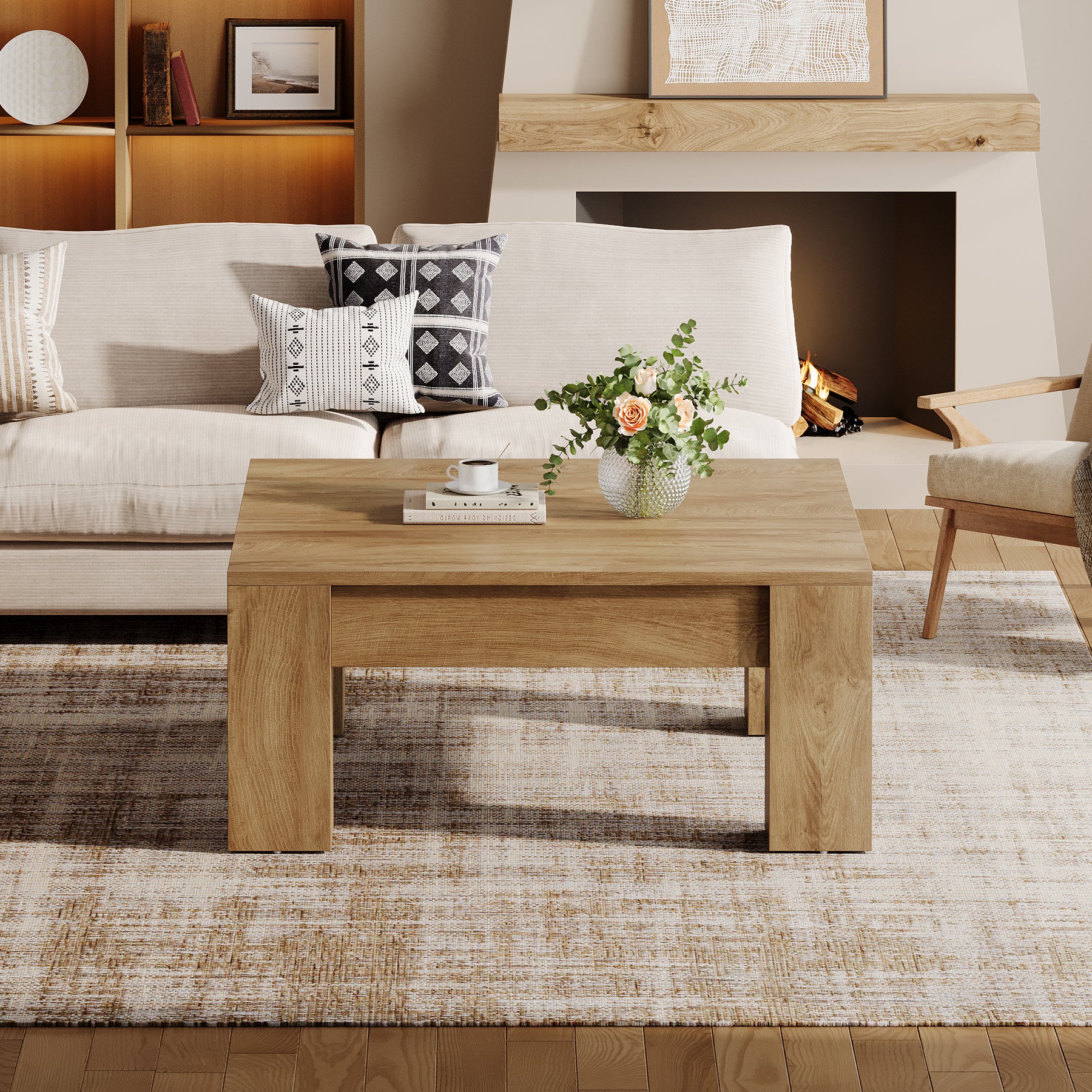 Square Coffee Table, 39" Farmhouse Center Table with Sturdy Legs
