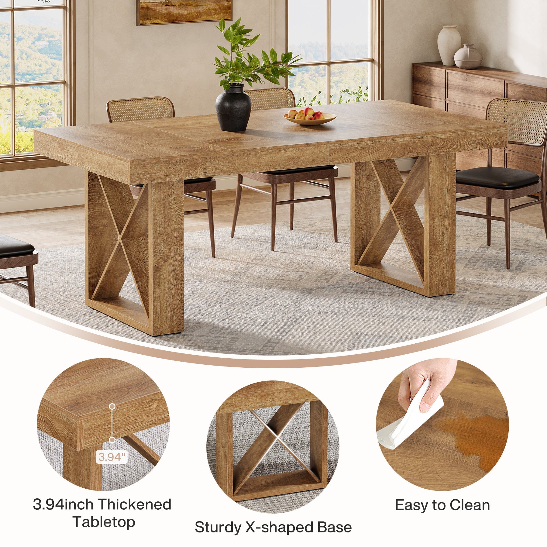 Rectangle Dining Table, 63" Farmhouse Kitchen Table for 4-6 People