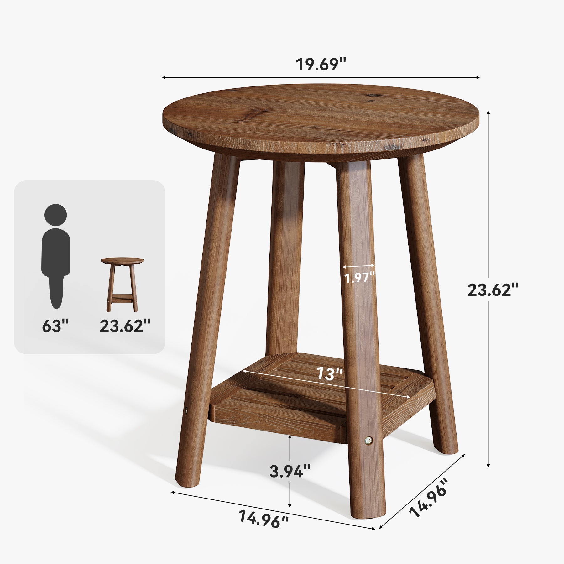 19.69" Round Solid Wood End Table, 2-Tier Farmhouse Side Table with Storage Shelf