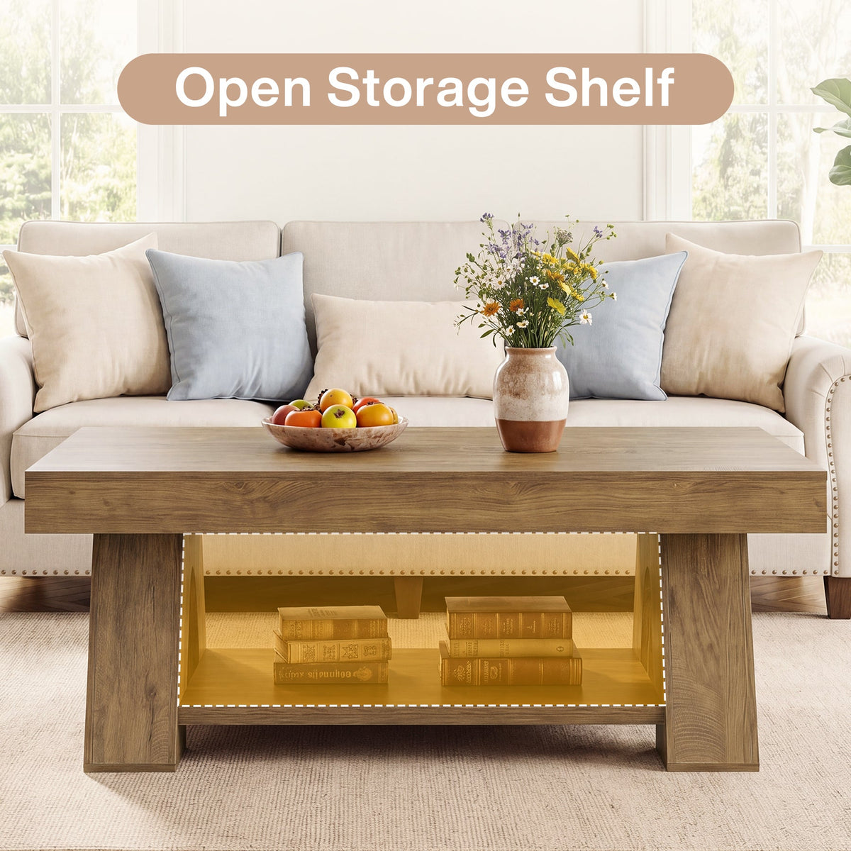 55.1" Farmhouse Coffee Table with Storage Shelf, Rectangle Center Table for Living Room