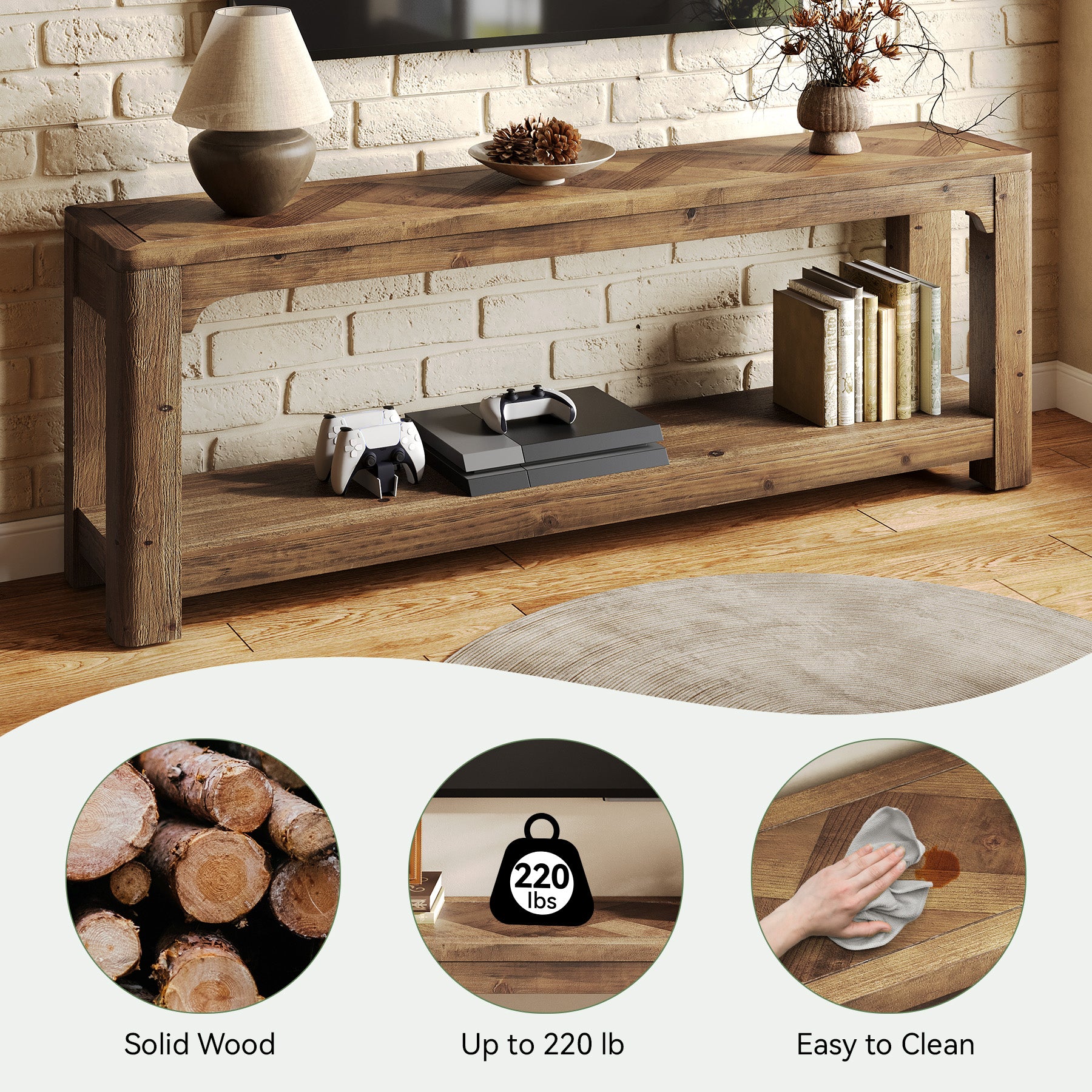 63" Solid Wood TV Stand, Entertainment Center with Open Shelves for 65" TV
