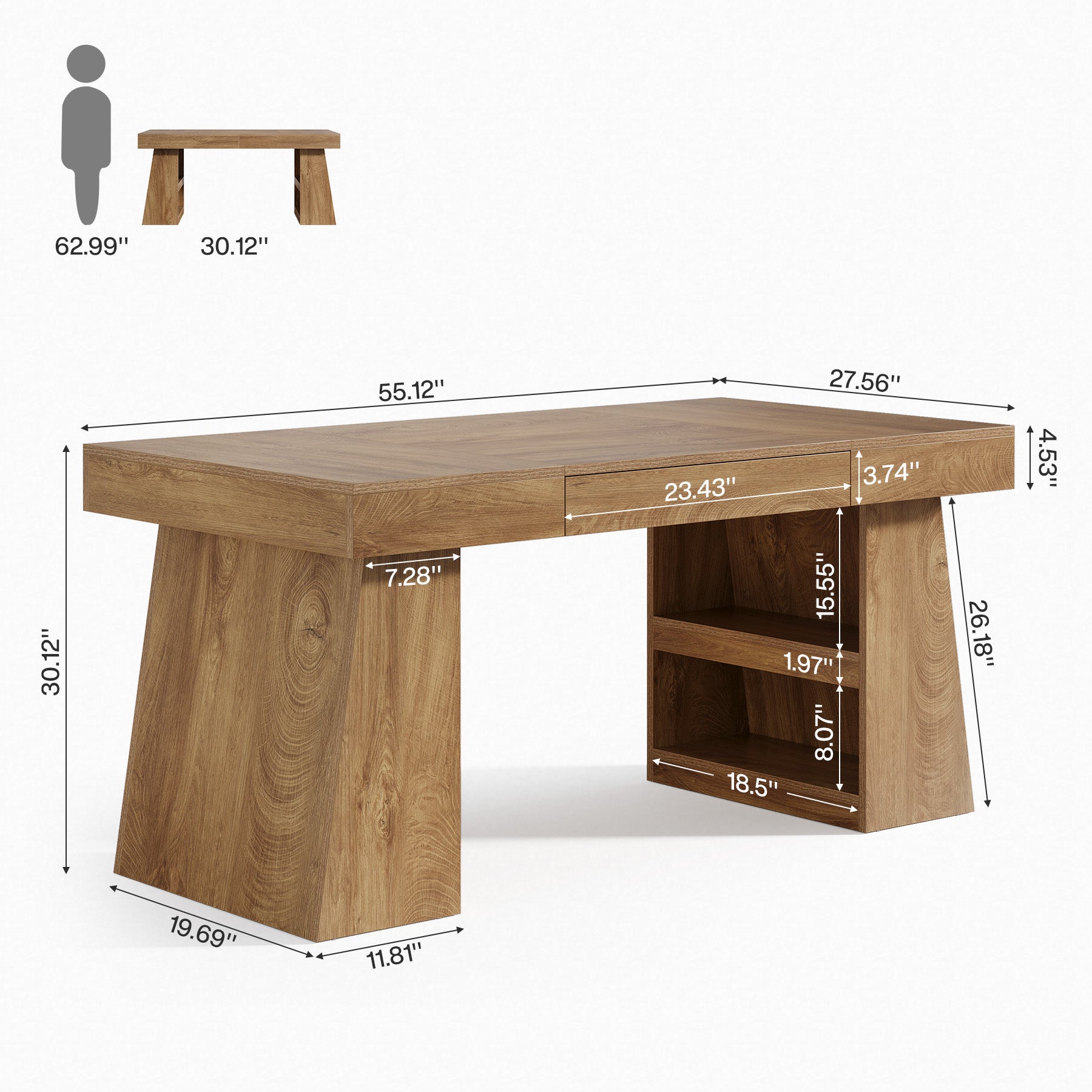 55" Executive Desk with Drawer, Farmhouse Computer Desk with Storage Shelves for Home Office